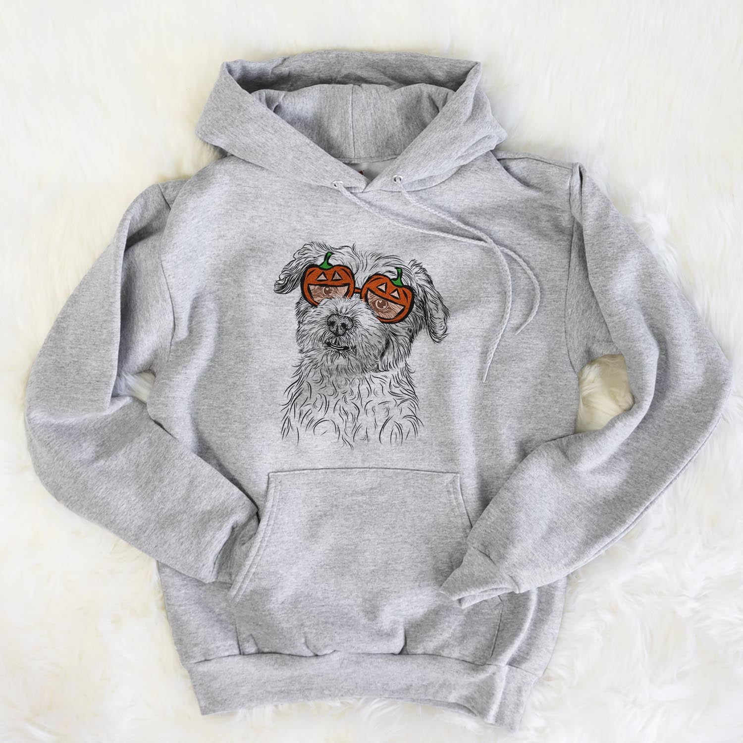 Hand-drawn sketch of Roxie the Schnauzer Shih Tzu Mix wearing pumpkin glasses on a Grey pumpkin collection, flat lay