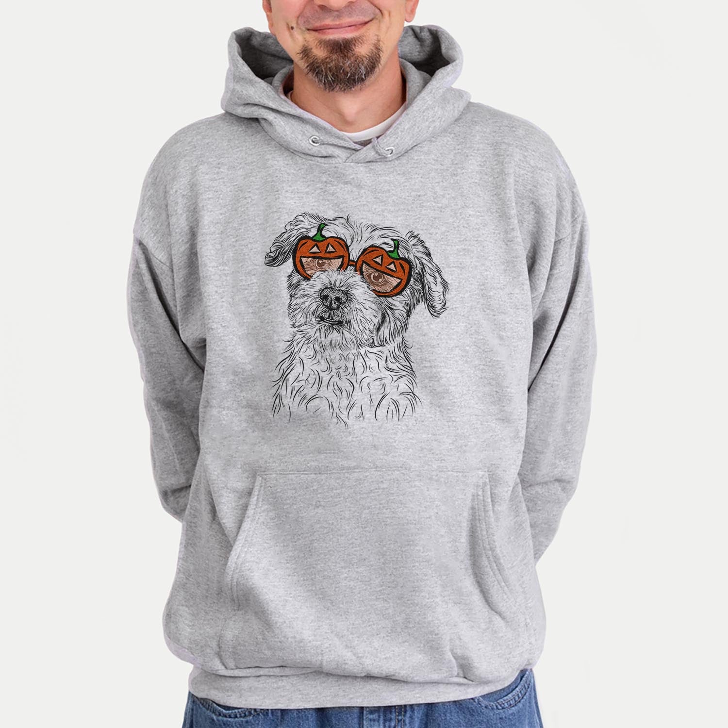 Hand-drawn sketch of Roxie the Schnauzer Shih Tzu Mix wearing pumpkin glasses on a Grey pumpkin collection, hanging on a wall