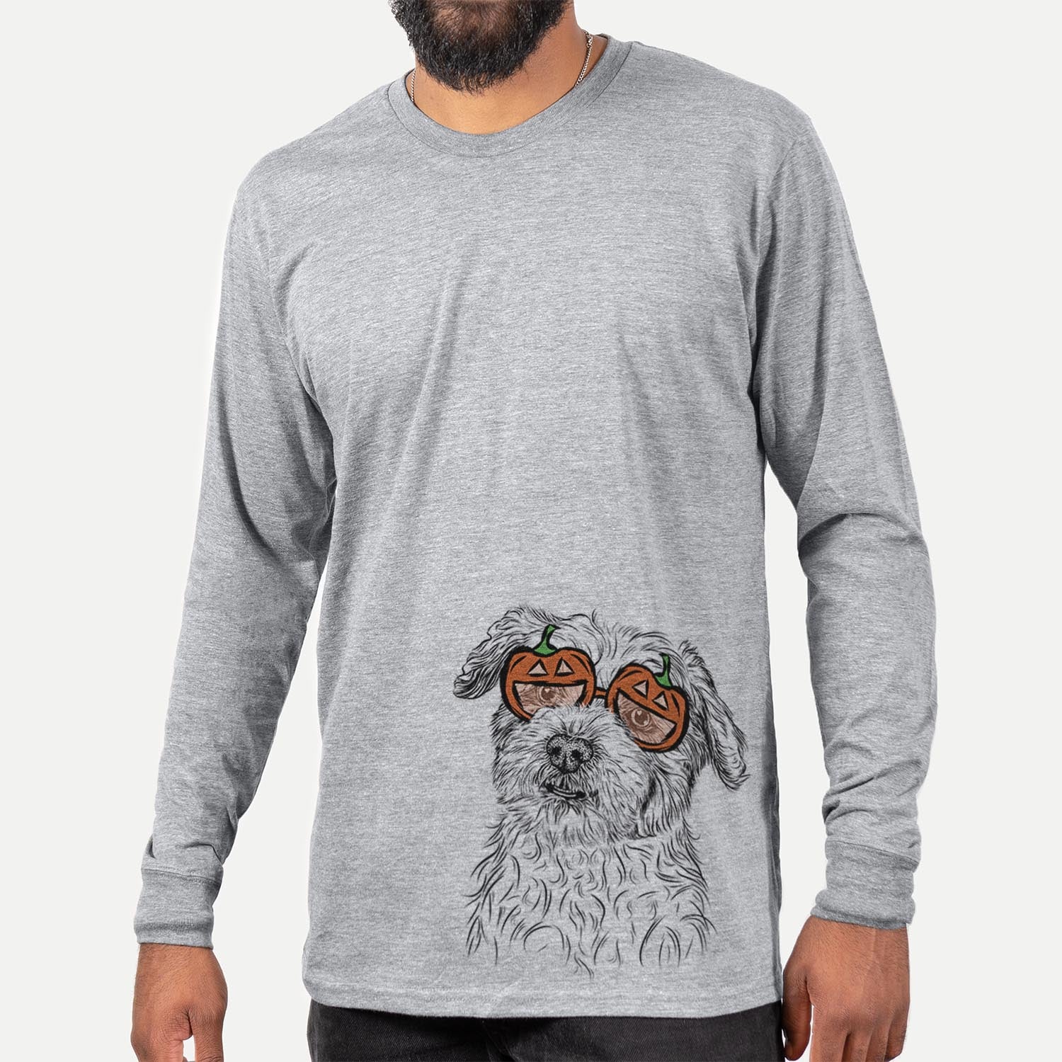 Hand-drawn sketch of Roxie the Schnauzer Shih Tzu Mix wearing pumpkin glasses on a Grey pumpkin collection, hanging on a wall