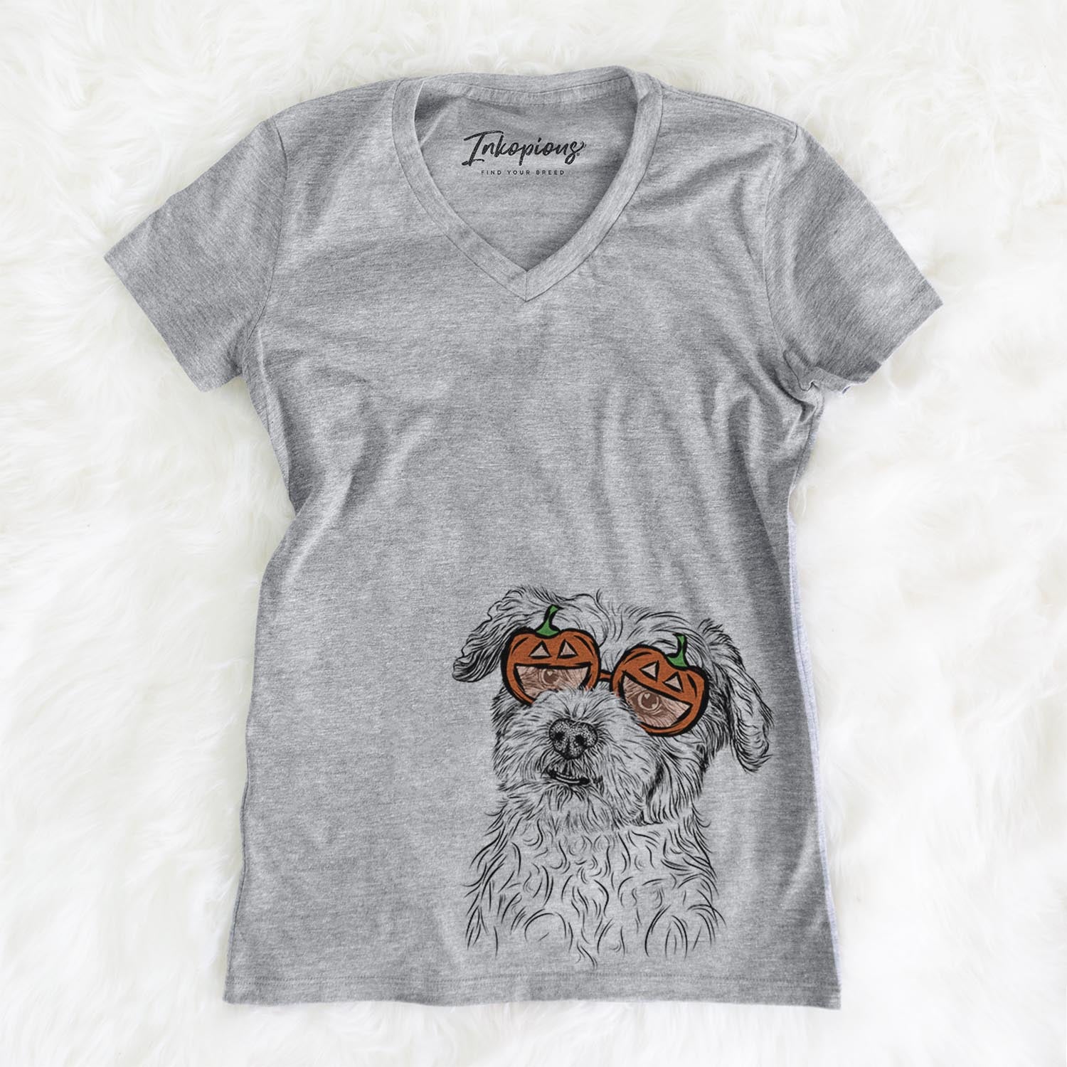Hand-drawn sketch of Roxie the Schnauzer Shih Tzu Mix wearing pumpkin glasses on a Grey pumpkin collection, on a hanger