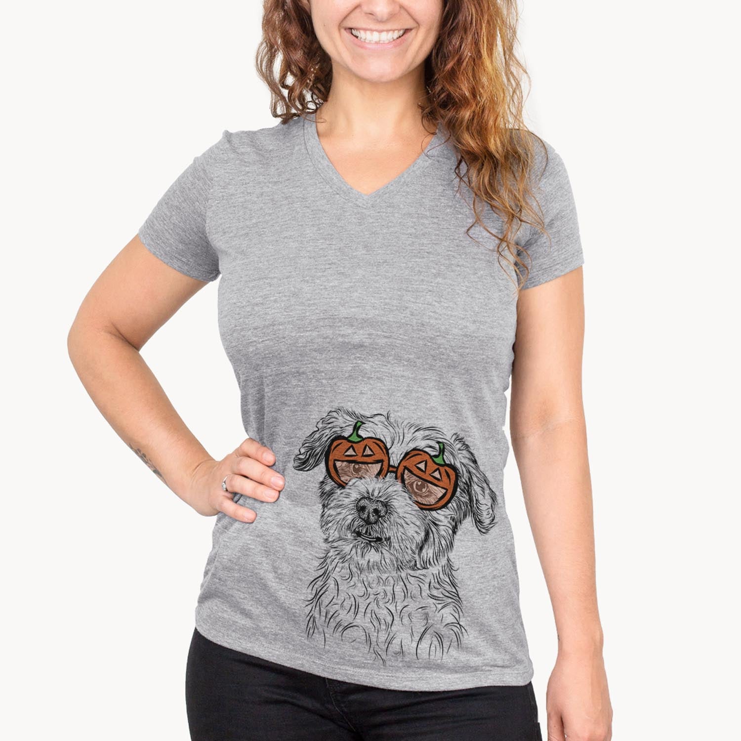 Hand-drawn sketch of Roxie the Schnauzer Shih Tzu Mix wearing pumpkin glasses on a Grey pumpkin collection