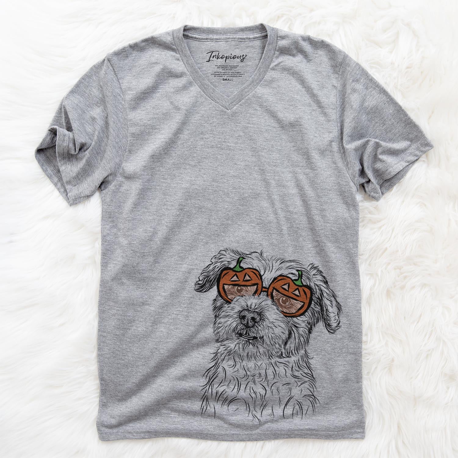 Hand-drawn sketch of Roxie the Schnauzer Shih Tzu Mix wearing pumpkin glasses on a Grey pumpkin collection