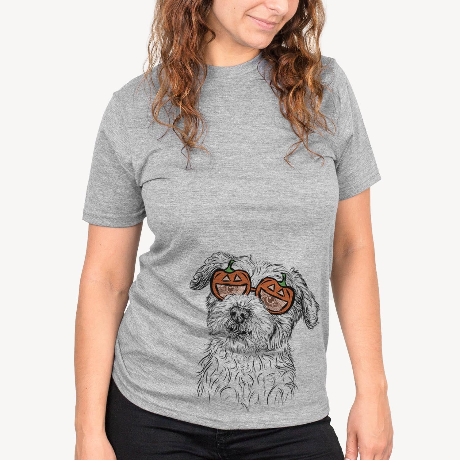 Hand-drawn sketch of Roxie the Schnauzer Shih Tzu Mix wearing pumpkin glasses on a Grey pumpkin collection, on a hanger