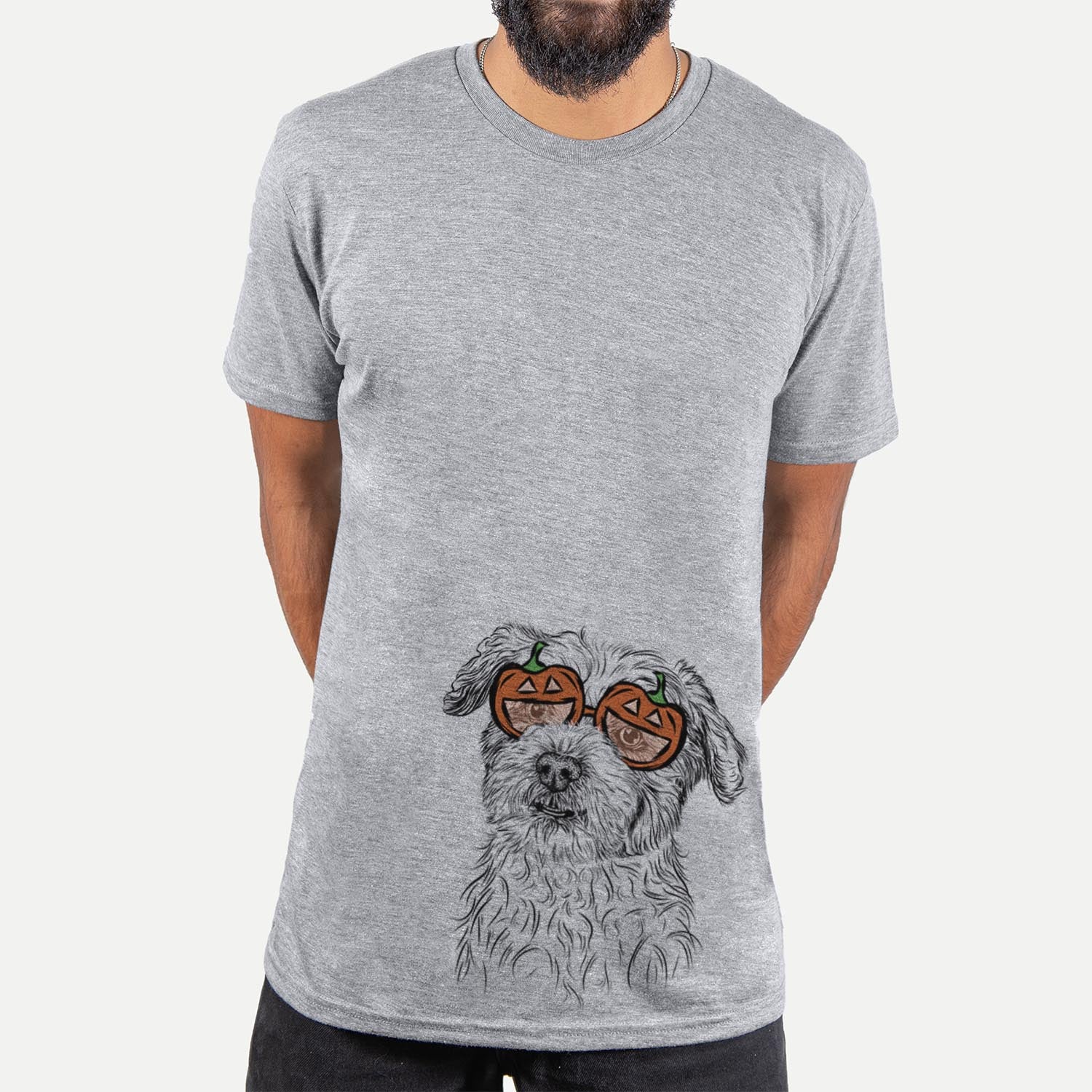 Hand-drawn sketch of Roxie the Schnauzer Shih Tzu Mix wearing pumpkin glasses on a Grey pumpkin collection, hanging on a wall