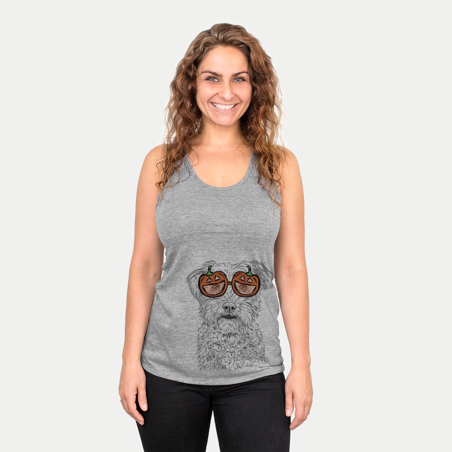 Hand-drawn sketch of Rudy the Schnoodle wearing pumpkin glasses on a Grey pumpkin collection