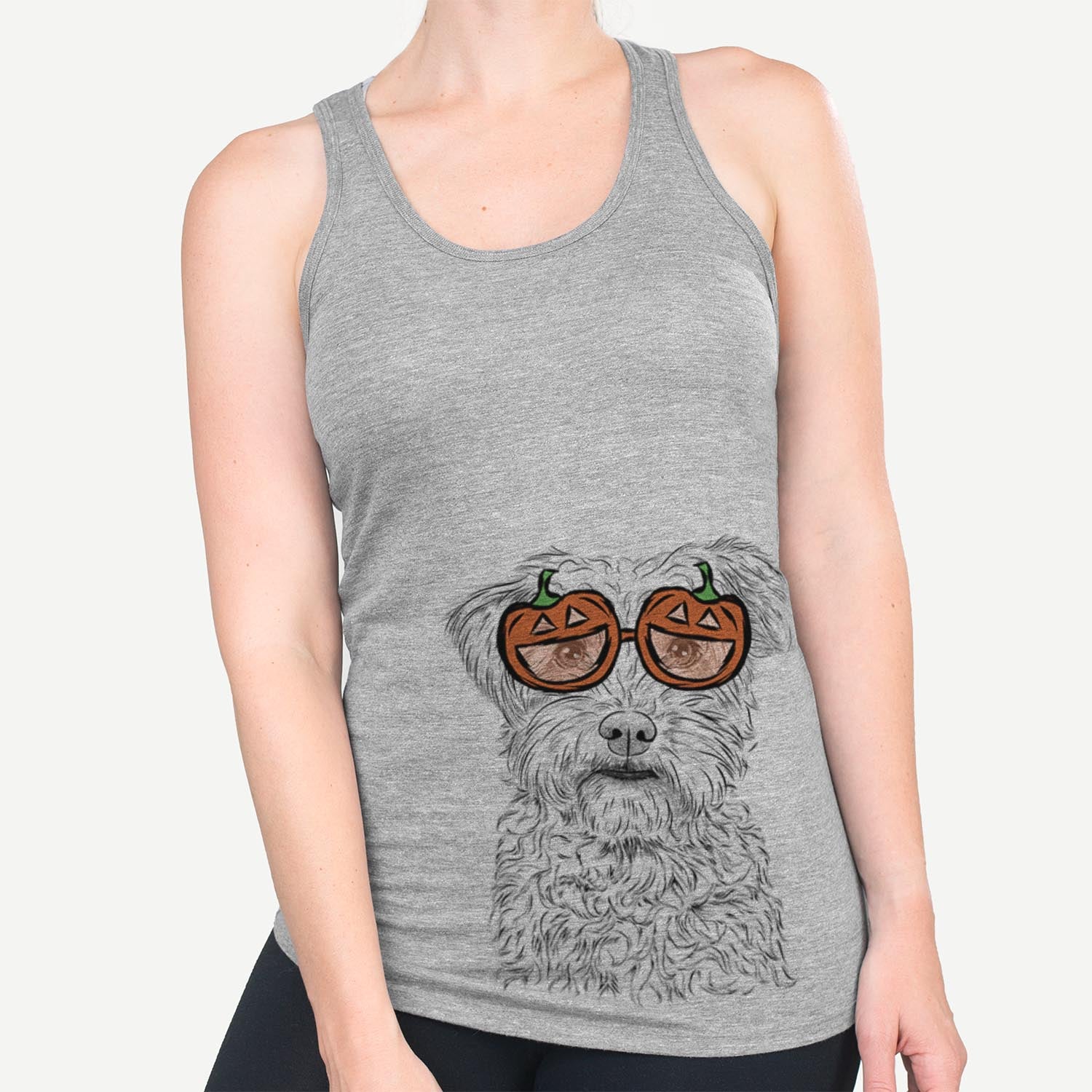 Hand-drawn sketch of Rudy the Schnoodle wearing pumpkin glasses on a Grey pumpkin collection