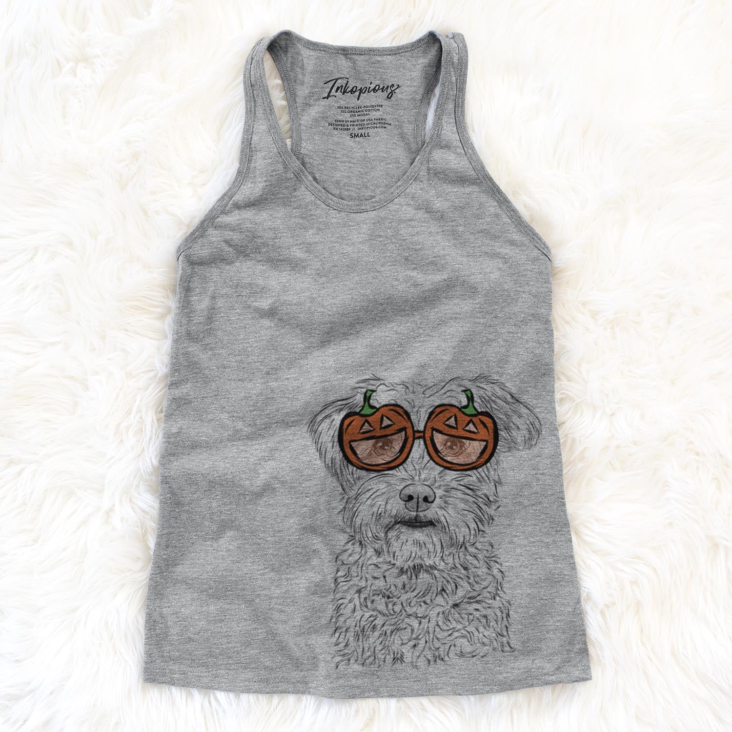 Hand-drawn sketch of Rudy the Schnoodle wearing pumpkin glasses on a Grey pumpkin collection