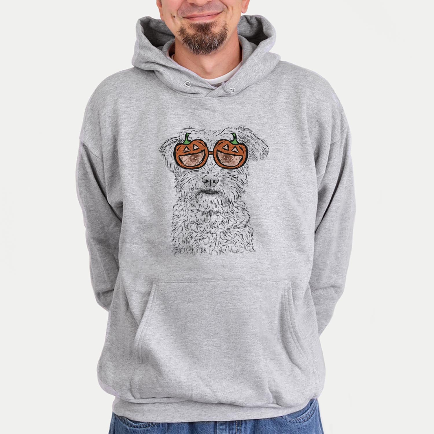 Hand-drawn sketch of Rudy the Schnoodle wearing pumpkin glasses on a Grey pumpkin collection, hanging on a wall