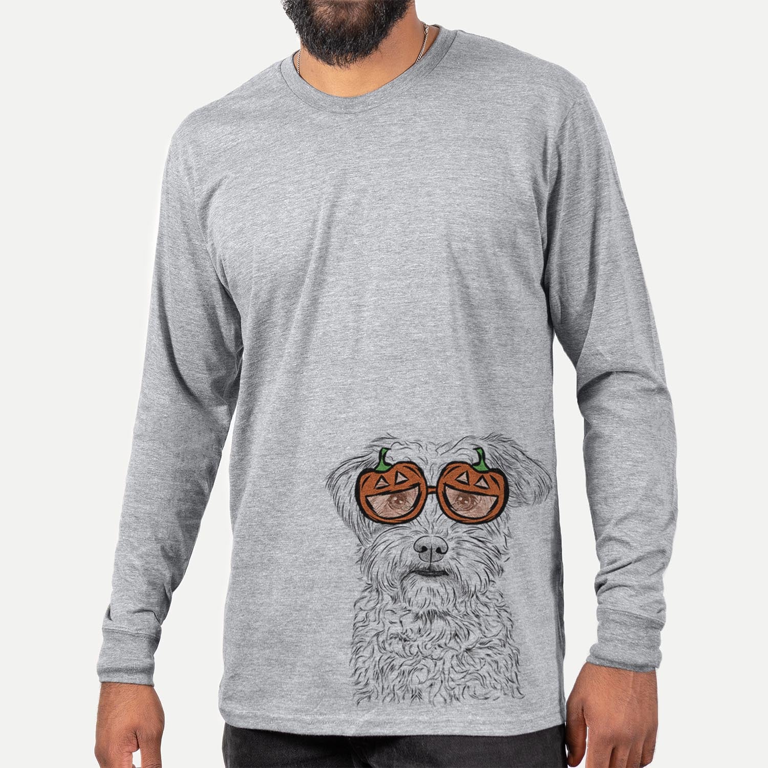 Hand-drawn sketch of Rudy the Schnoodle wearing pumpkin glasses on a Grey pumpkin collection, hanging on a wall