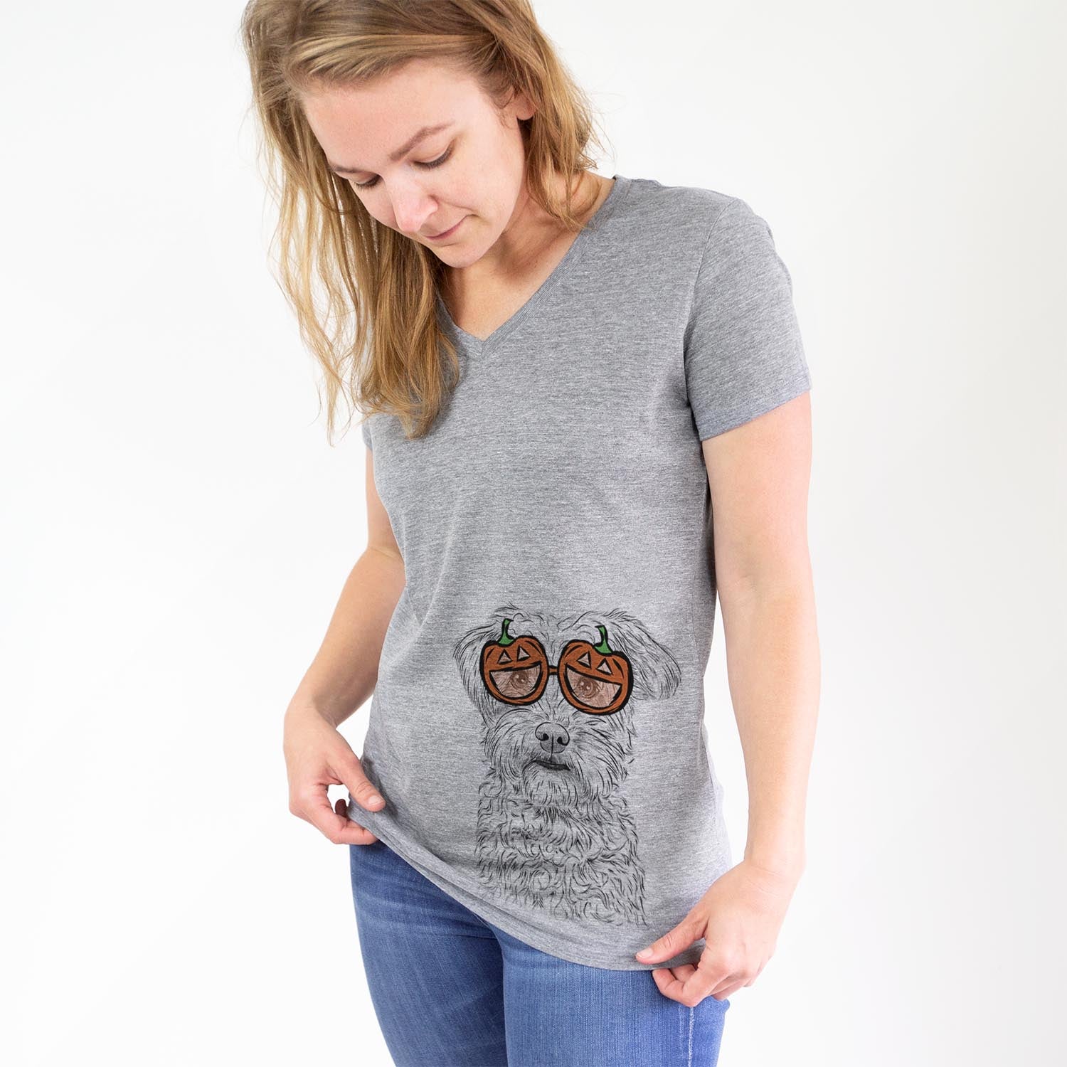 Hand-drawn sketch of Rudy the Schnoodle wearing pumpkin glasses on a Grey pumpkin collection