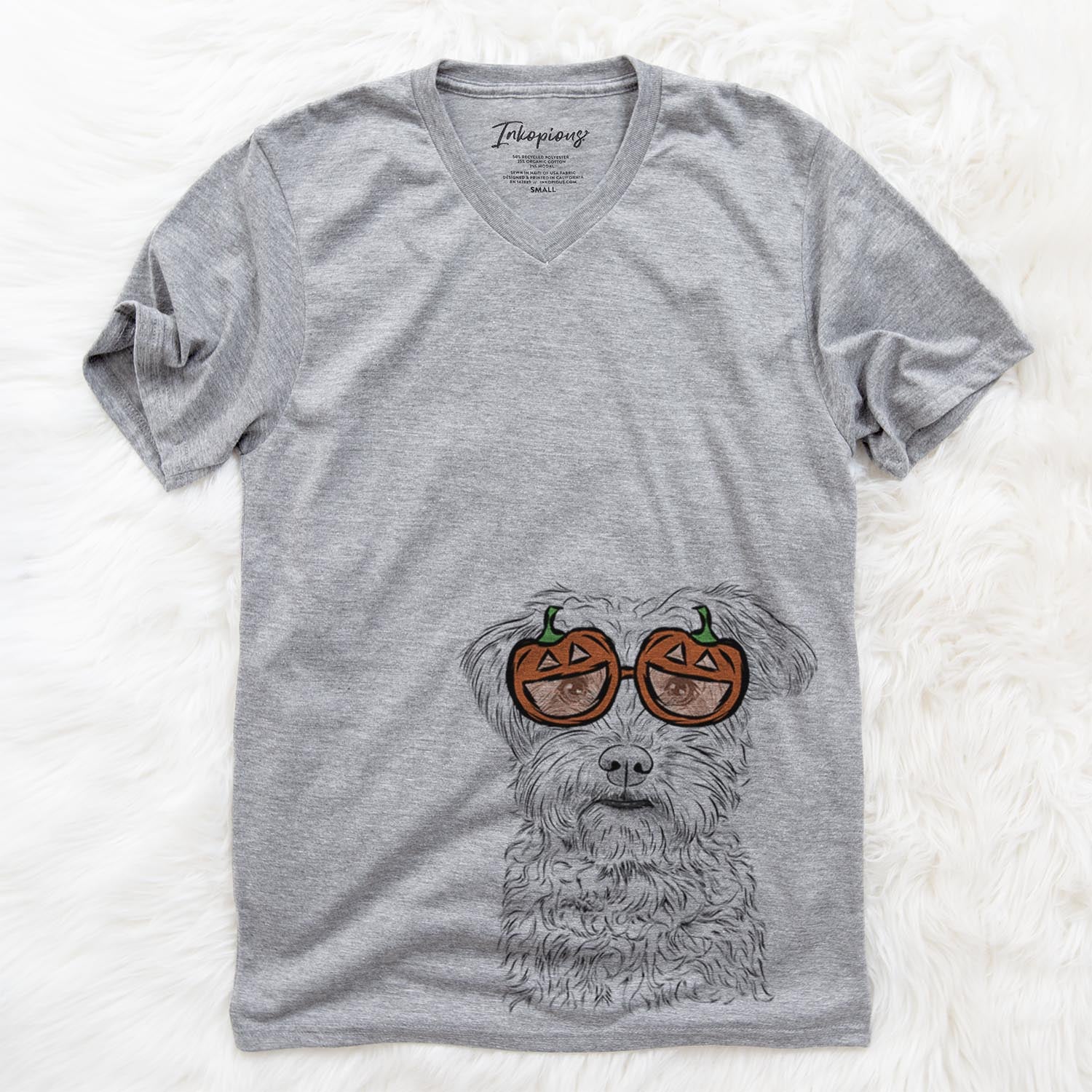 Hand-drawn sketch of Rudy the Schnoodle wearing pumpkin glasses on a Grey pumpkin collection