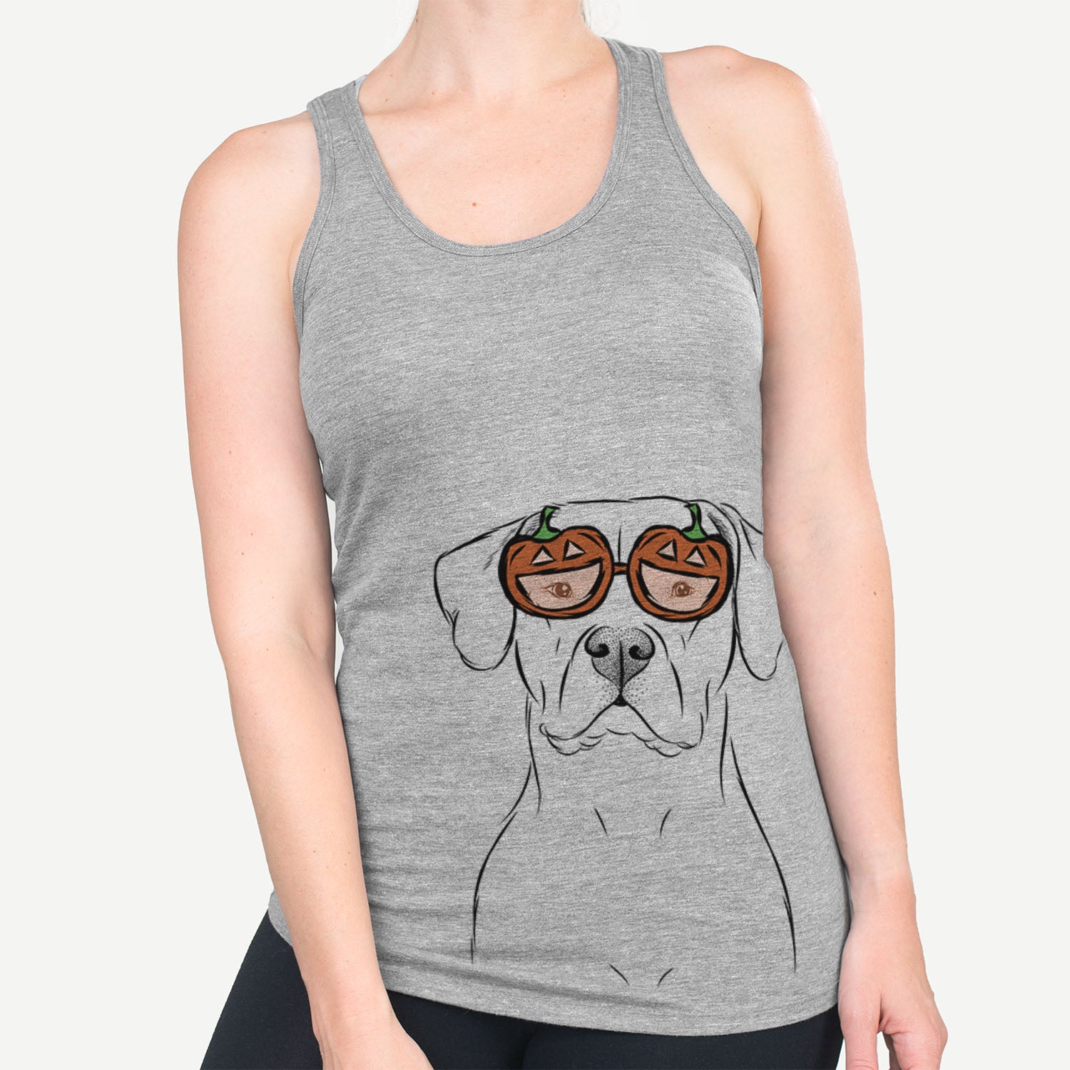 Hand-drawn sketch of Rufio the Dogo Argentino wearing pumpkin glasses on a Grey pumpkin collection