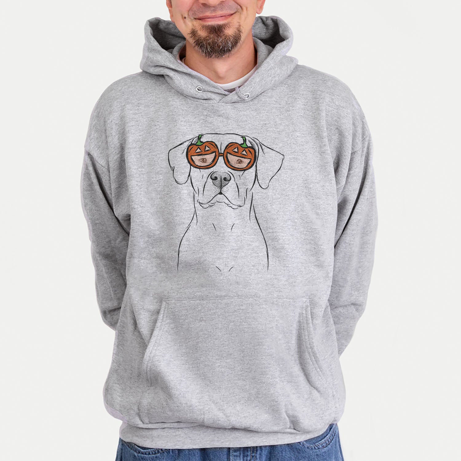 Hand-drawn sketch of Rufio the Dogo Argentino wearing pumpkin glasses on a Grey pumpkin collection, hanging on a wall