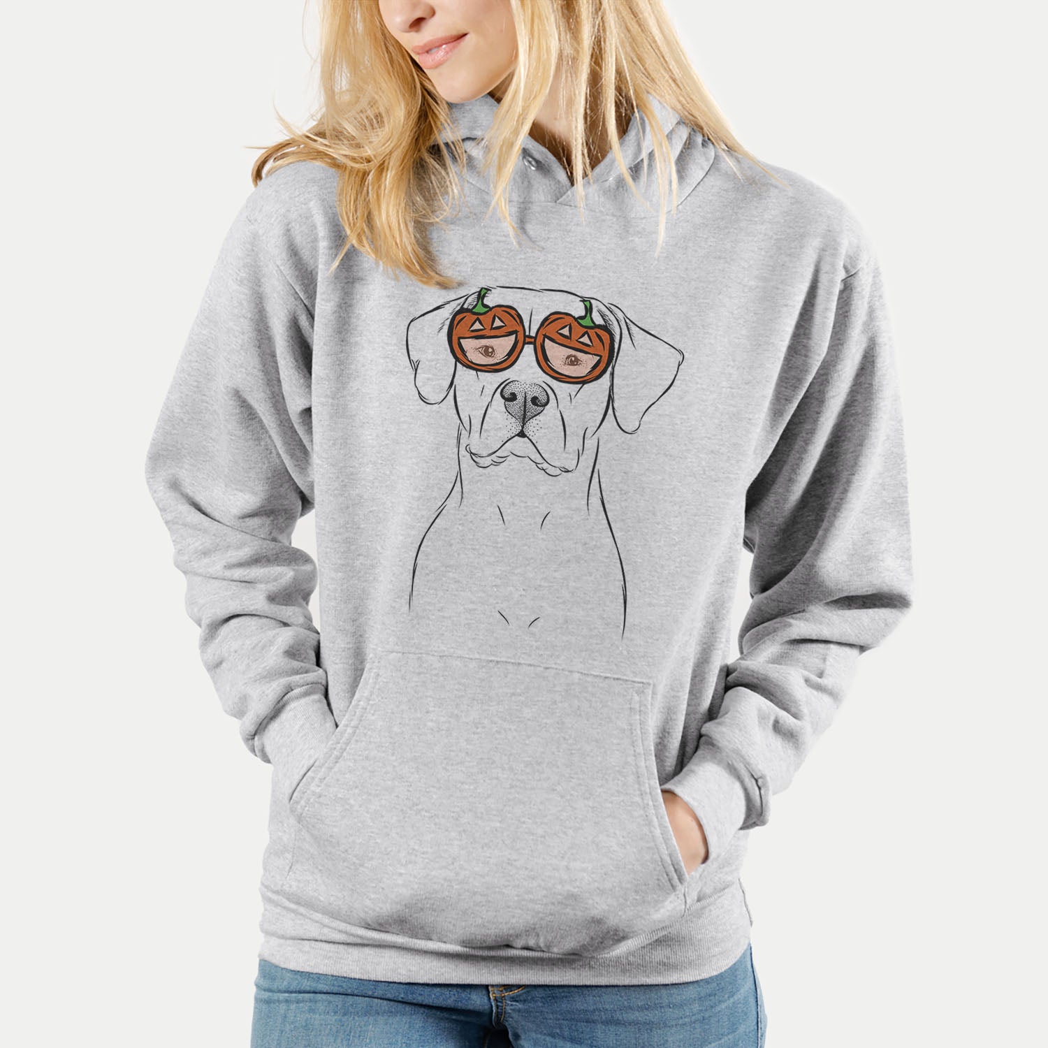 Hand-drawn sketch of Rufio the Dogo Argentino wearing pumpkin glasses on a Grey pumpkin collection