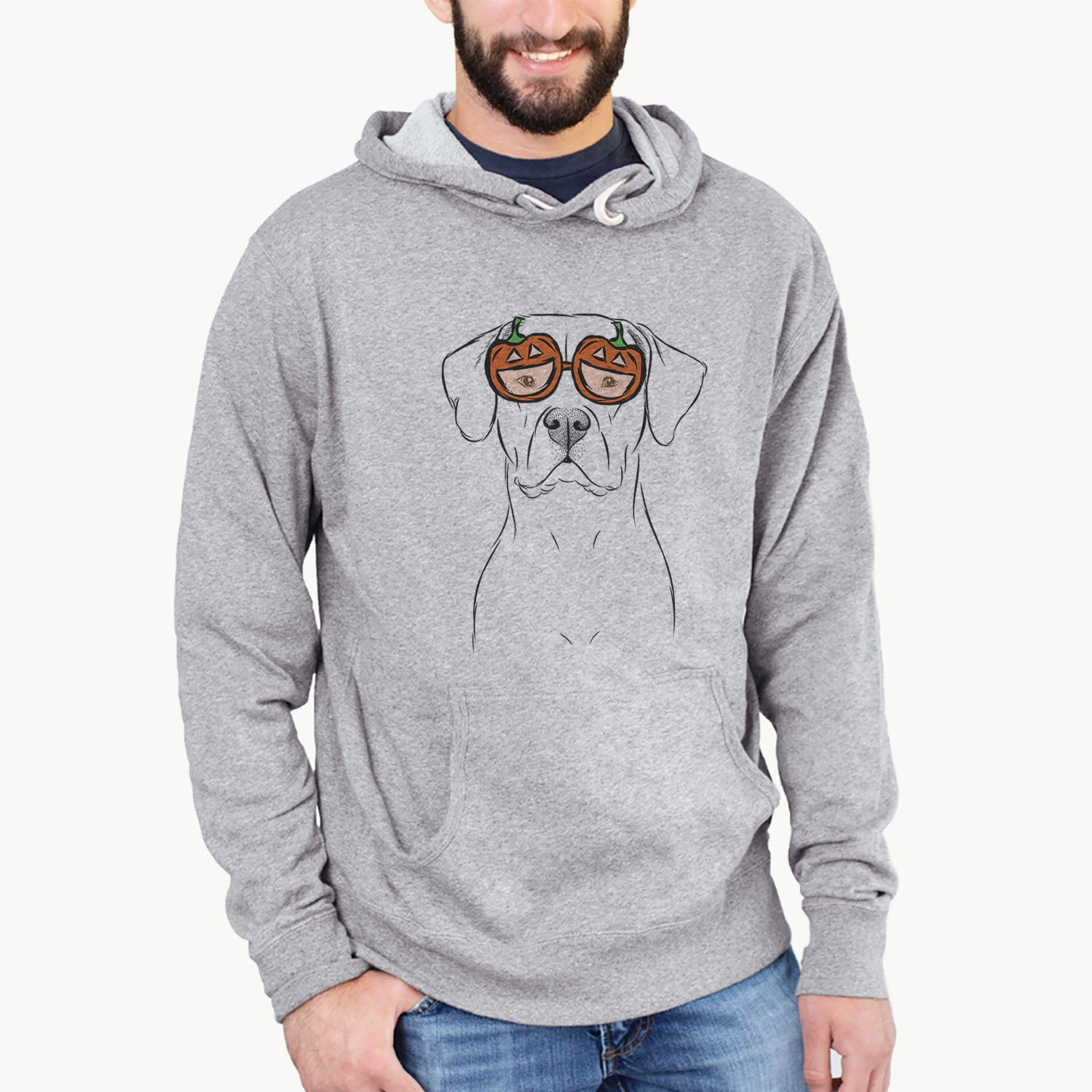 Hand-drawn sketch of Rufio the Dogo Argentino wearing pumpkin glasses on a Grey pumpkin collection