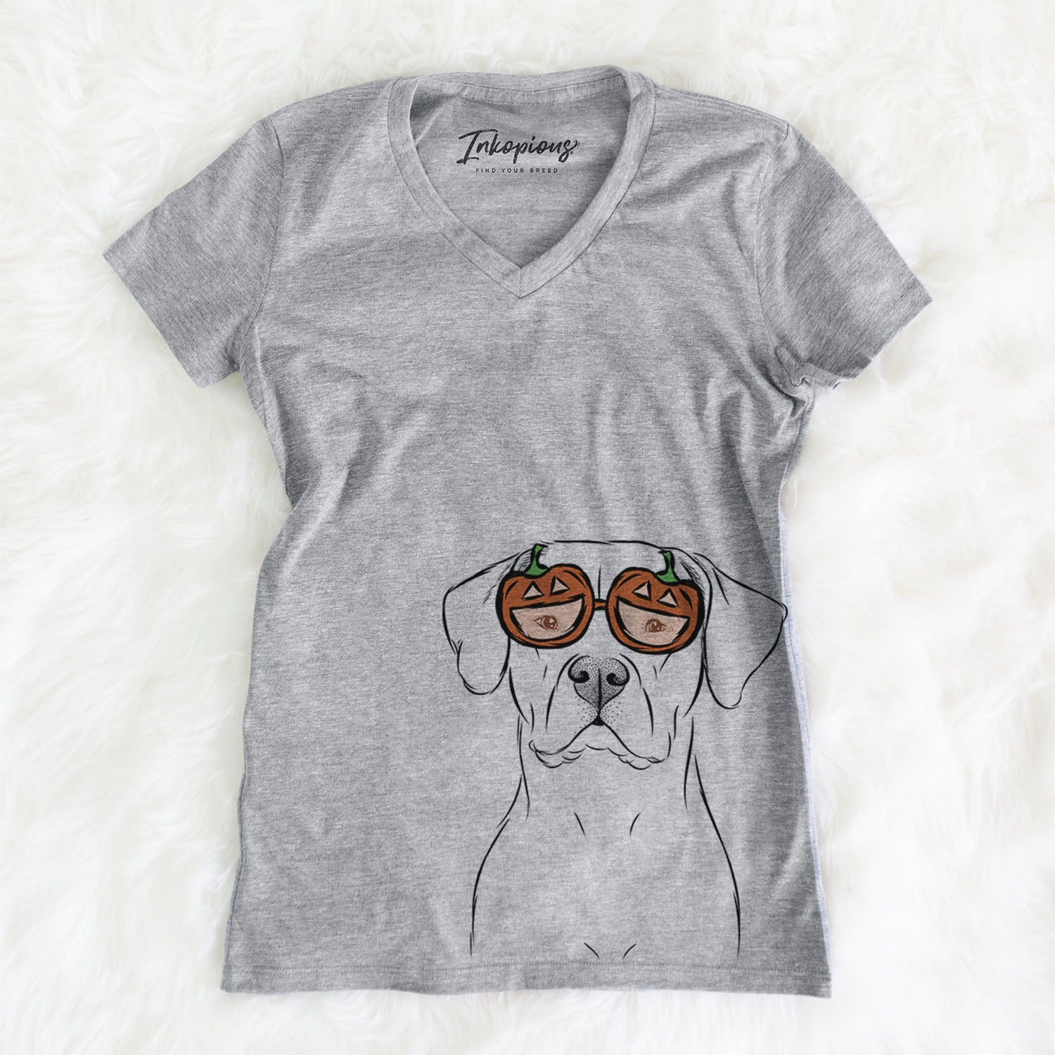 Hand-drawn sketch of Rufio the Dogo Argentino wearing pumpkin glasses on a Grey pumpkin collection, on a hanger