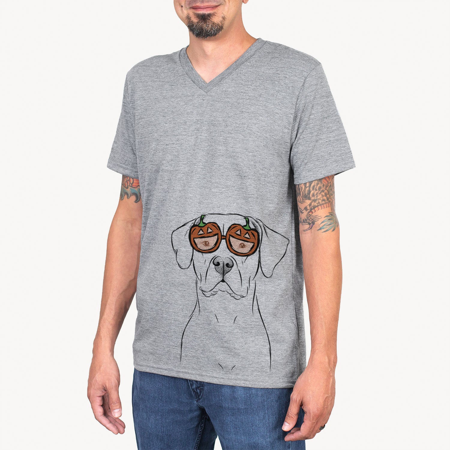 Hand-drawn sketch of Rufio the Dogo Argentino wearing pumpkin glasses on a Grey pumpkin collection
