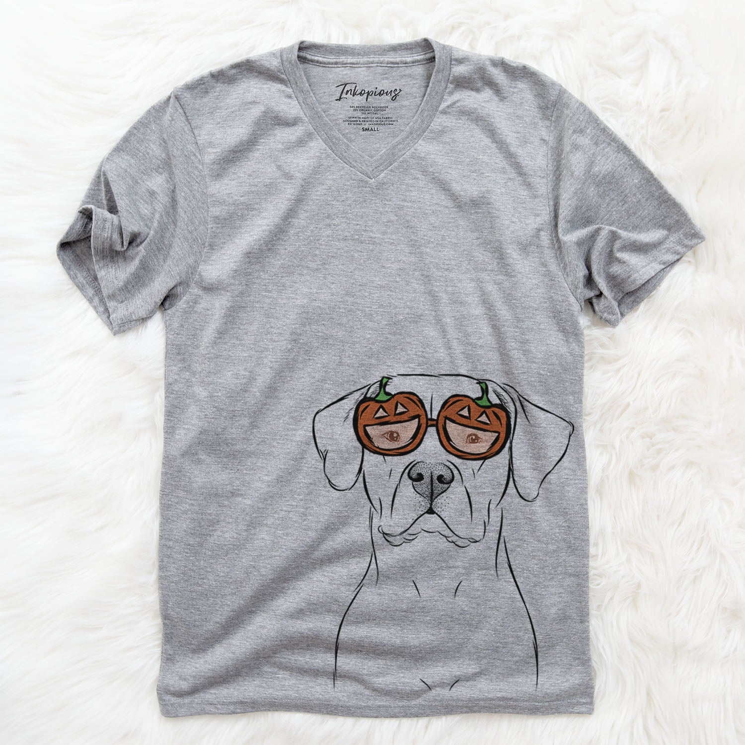 Hand-drawn sketch of Rufio the Dogo Argentino wearing pumpkin glasses on a Grey pumpkin collection