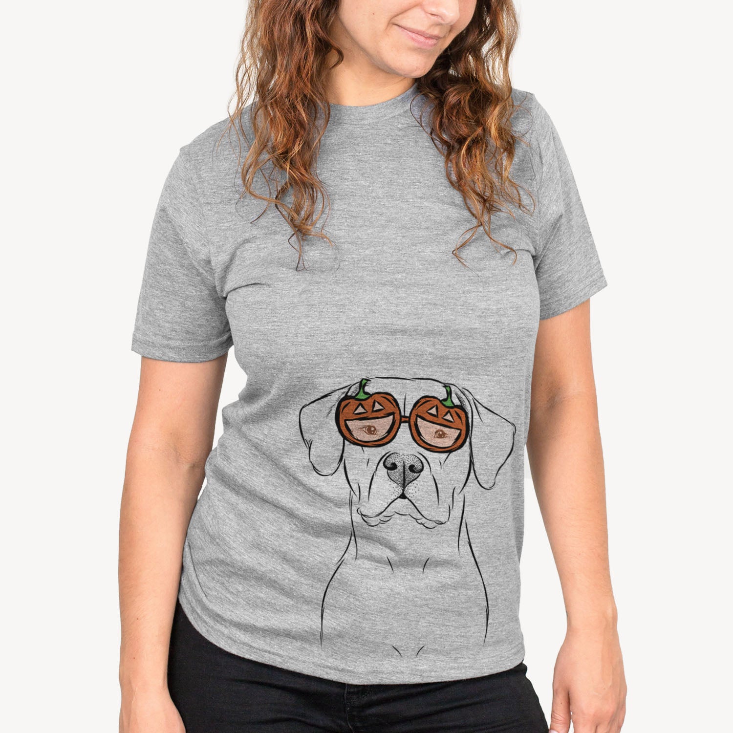 Hand-drawn sketch of Rufio the Dogo Argentino wearing pumpkin glasses on a Grey pumpkin collection, on a hanger