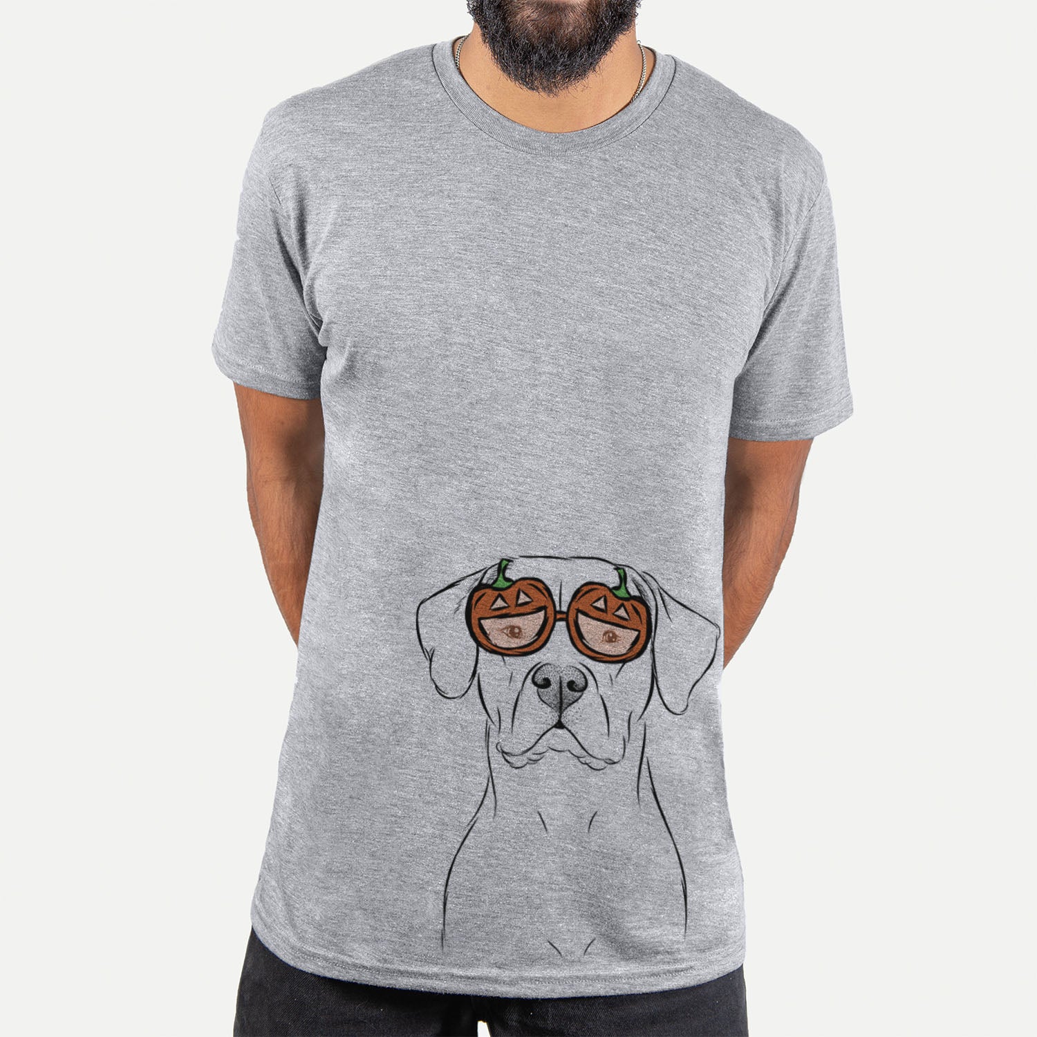 Hand-drawn sketch of Rufio the Dogo Argentino wearing pumpkin glasses on a Grey pumpkin collection, hanging on a wall