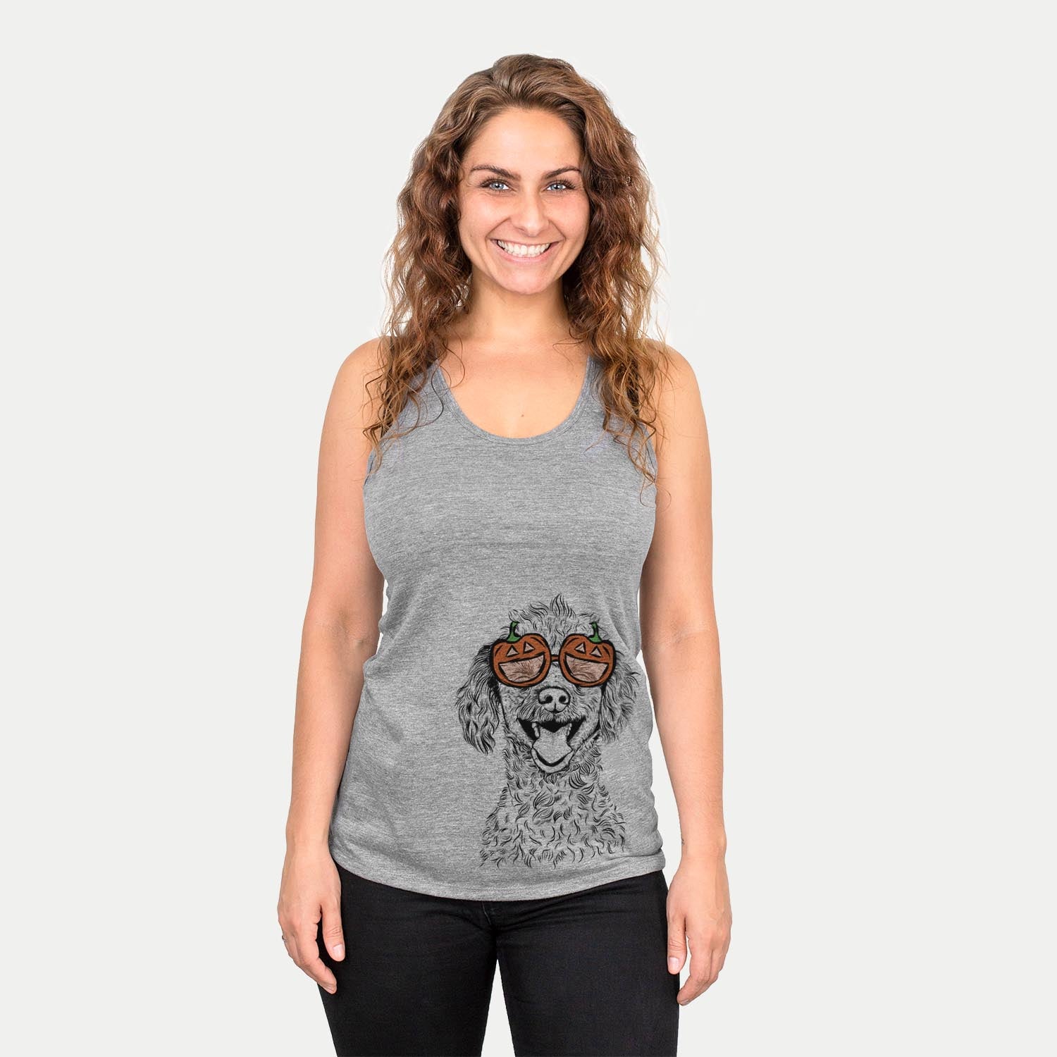 Hand-drawn sketch of Rusty the Toy Poodle wearing pumpkin glasses on a Grey pumpkin collection