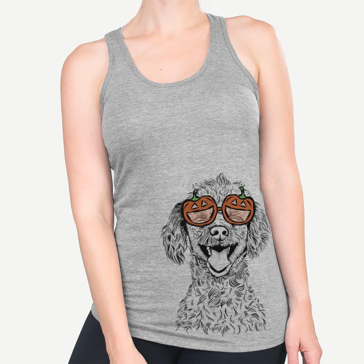 Hand-drawn sketch of Rusty the Toy Poodle wearing pumpkin glasses on a Grey pumpkin collection