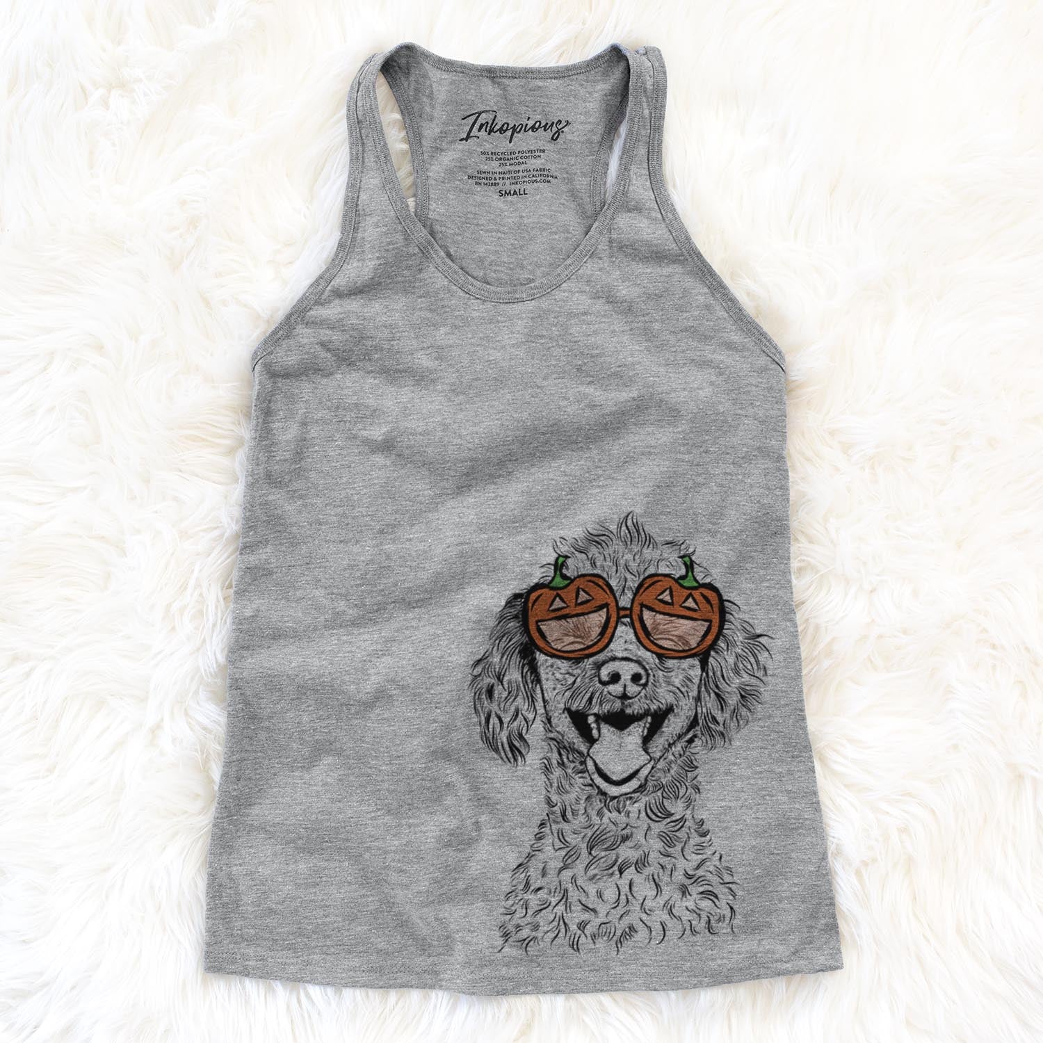 Hand-drawn sketch of Rusty the Toy Poodle wearing pumpkin glasses on a Grey pumpkin collection