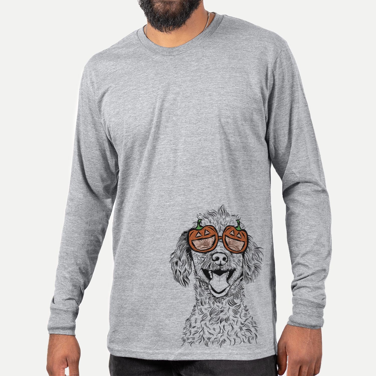 Hand-drawn sketch of Rusty the Toy Poodle wearing pumpkin glasses on a Grey pumpkin collection, hanging on a wall