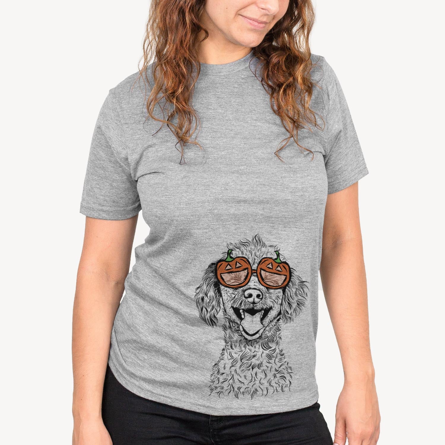 Hand-drawn sketch of Rusty the Toy Poodle wearing pumpkin glasses on a Grey pumpkin collection, on a hanger
