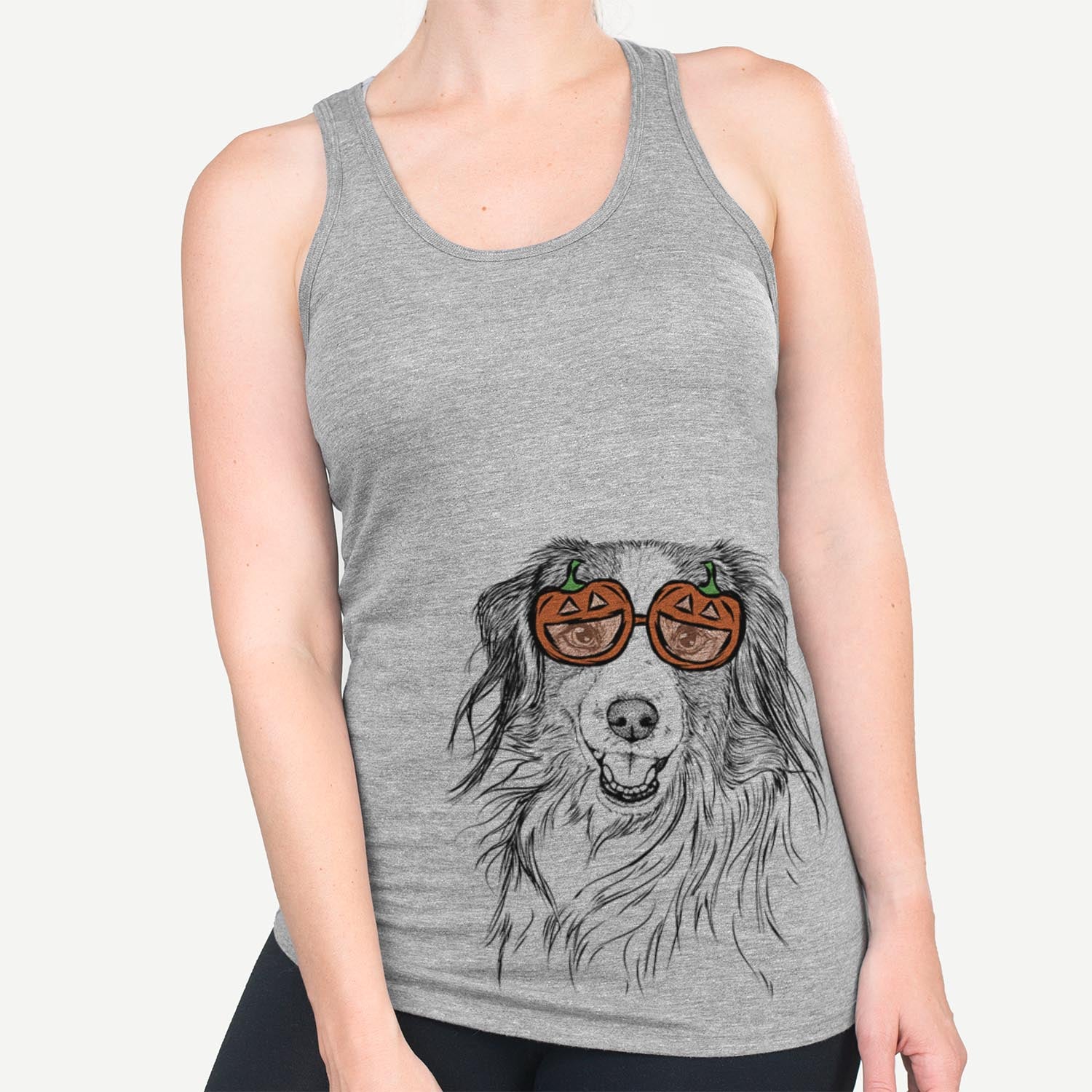 Hand-drawn sketch of Rutger the Nederlandse Kooikerhondje wearing pumpkin glasses on a Grey pumpkin collection
