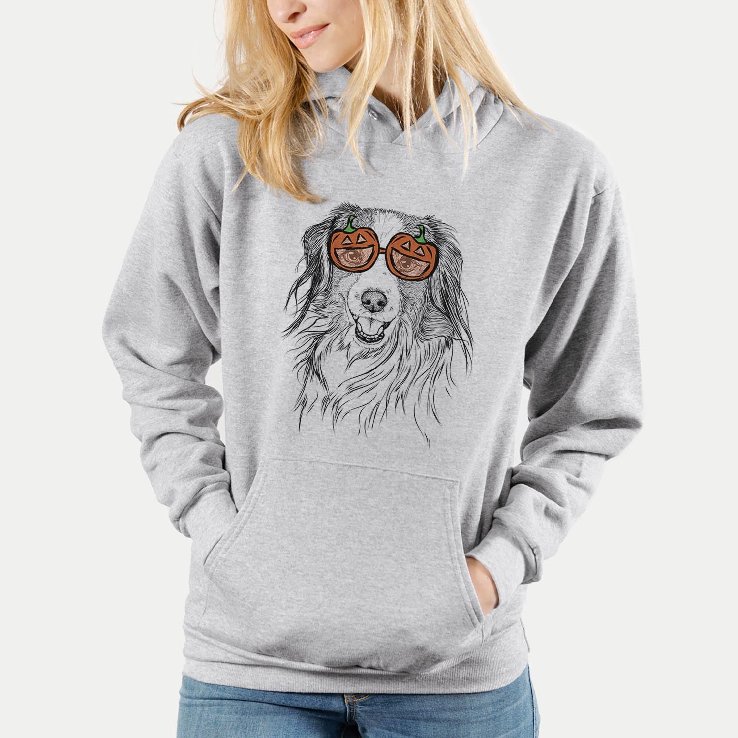 Hand-drawn sketch of Rutger the Nederlandse Kooikerhondje wearing pumpkin glasses on a Grey pumpkin collection