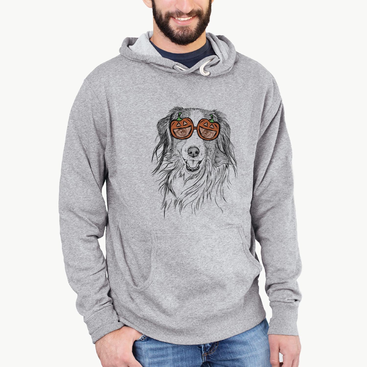 Hand-drawn sketch of Rutger the Nederlandse Kooikerhondje wearing pumpkin glasses on a Grey pumpkin collection