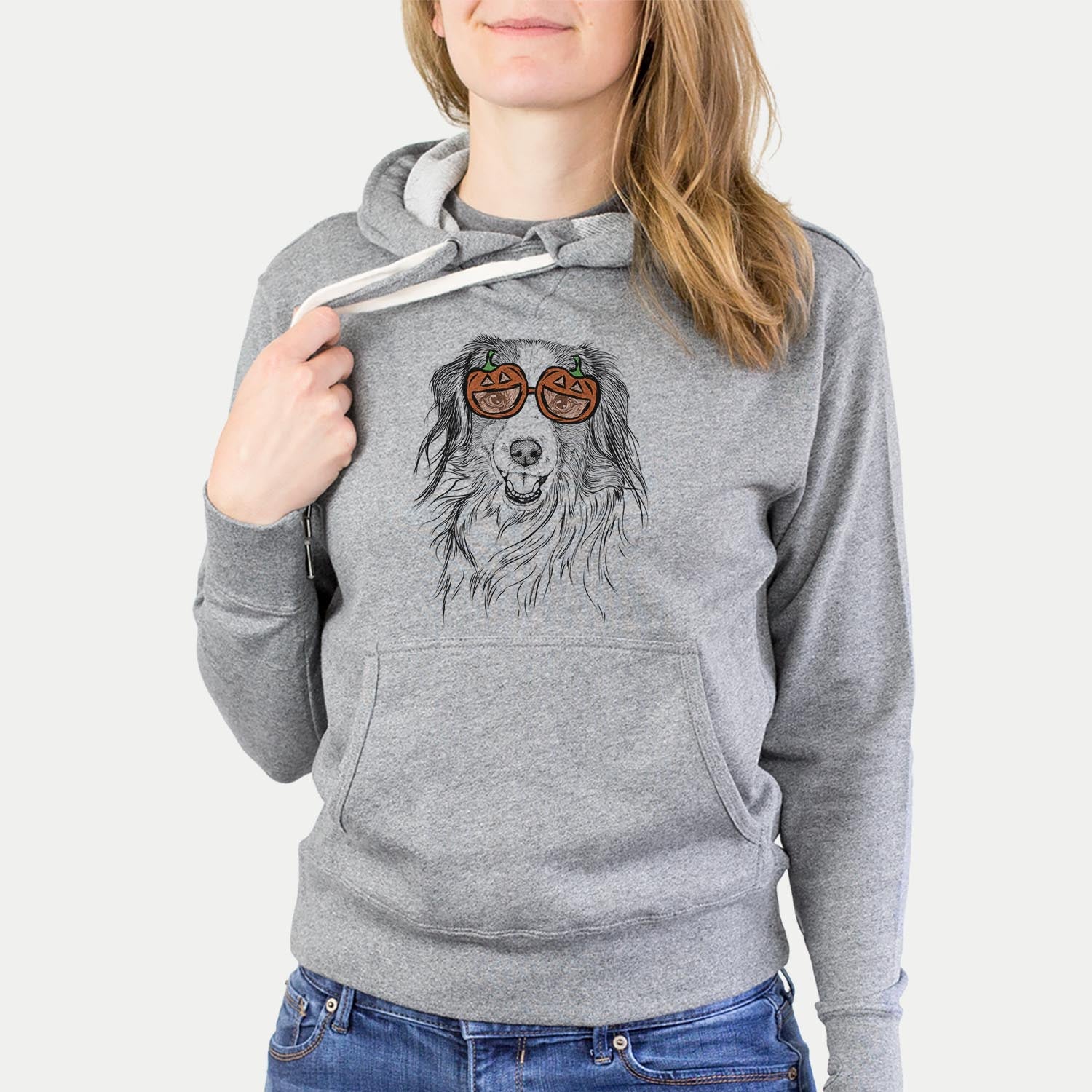 Hand-drawn sketch of Rutger the Nederlandse Kooikerhondje wearing pumpkin glasses on a Grey pumpkin collection, hanging on a wall