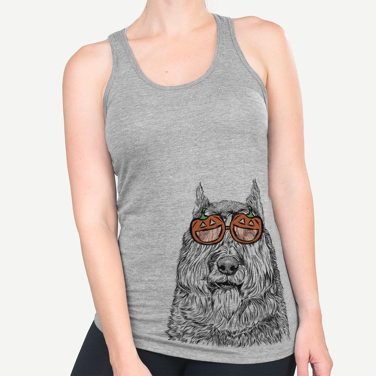 Hand-drawn sketch of Sabre the Bouvier des Flandres wearing pumpkin glasses on a Grey pumpkin collection