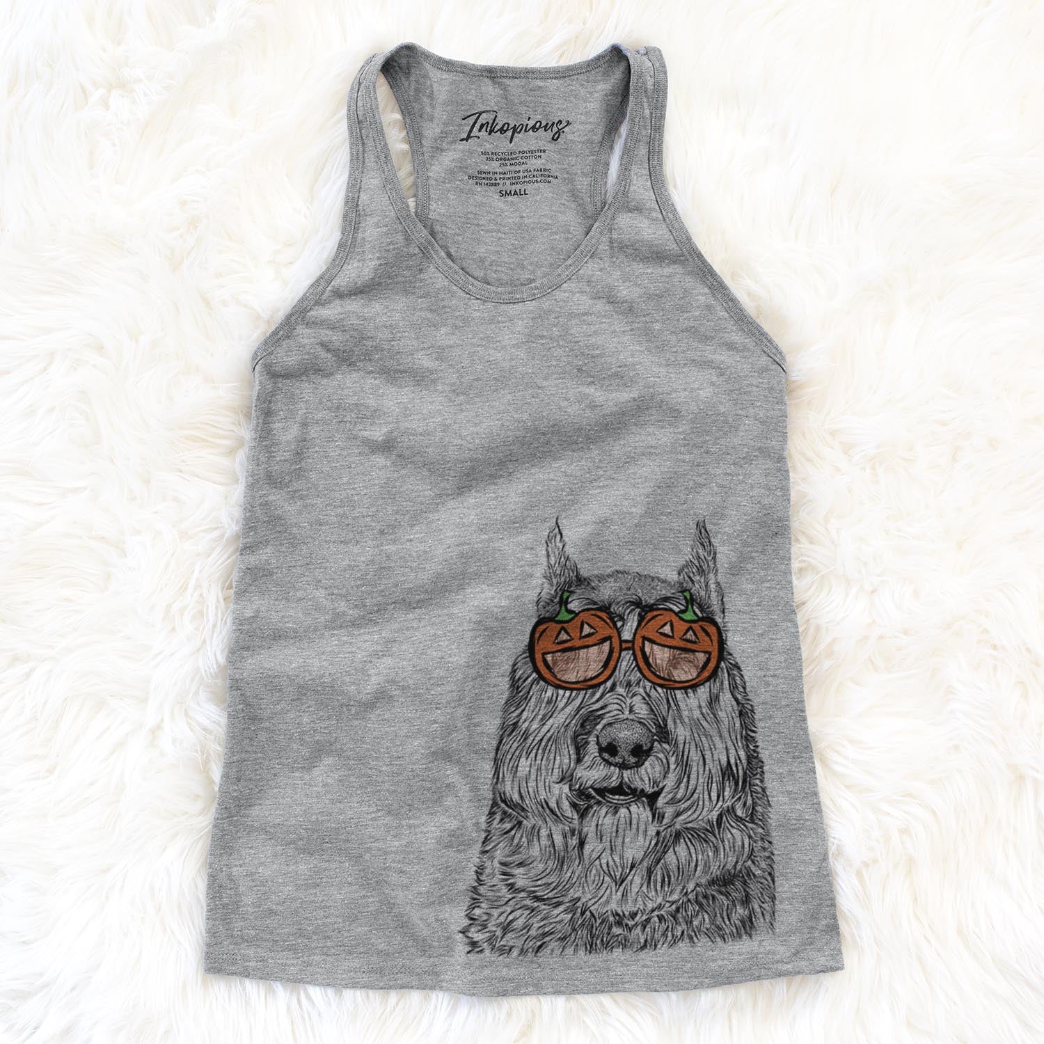 Hand-drawn sketch of Sabre the Bouvier des Flandres wearing pumpkin glasses on a Grey pumpkin collection