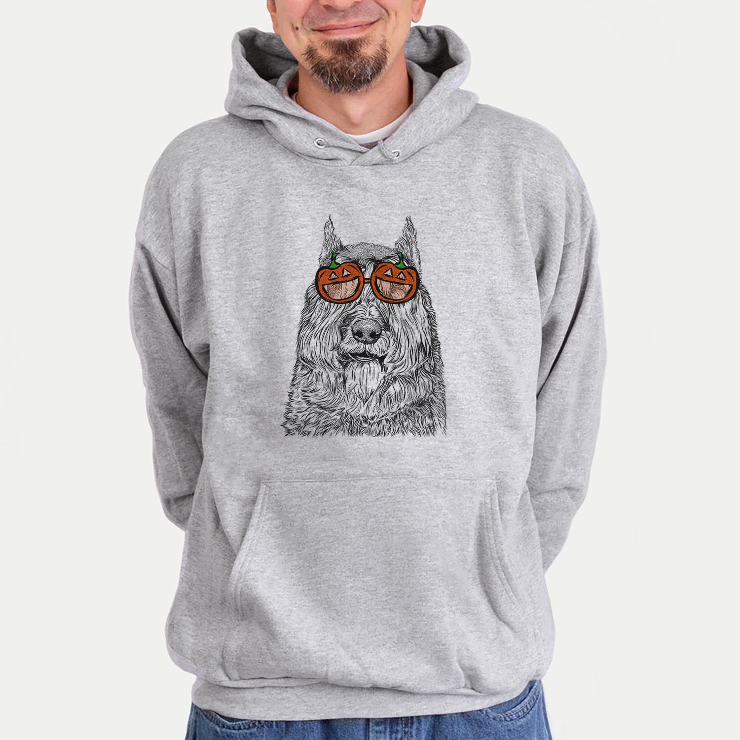 Hand-drawn sketch of Sabre the Bouvier des Flandres wearing pumpkin glasses on a Grey pumpkin collection, hanging on a wall