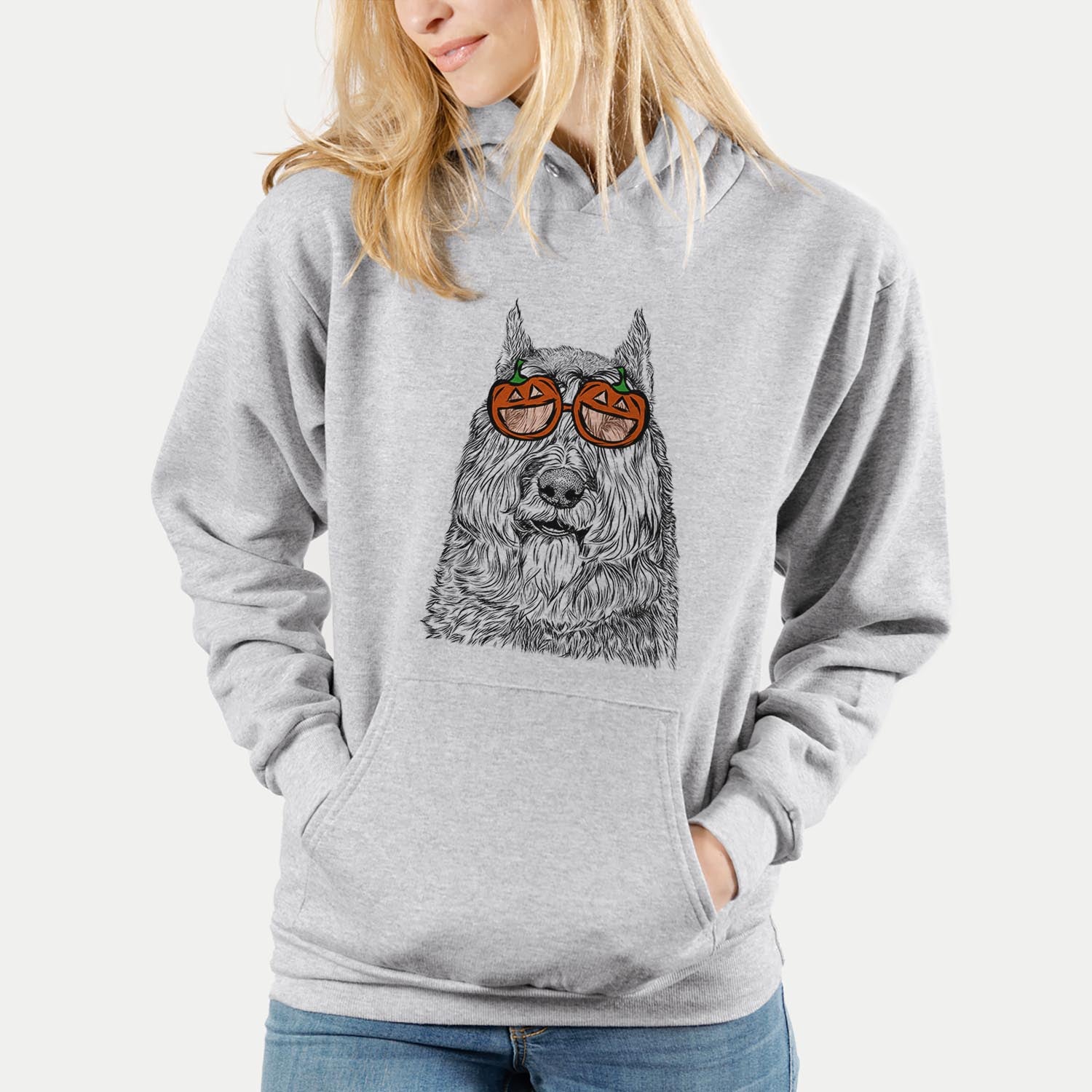 Hand-drawn sketch of Sabre the Bouvier des Flandres wearing pumpkin glasses on a Grey pumpkin collection