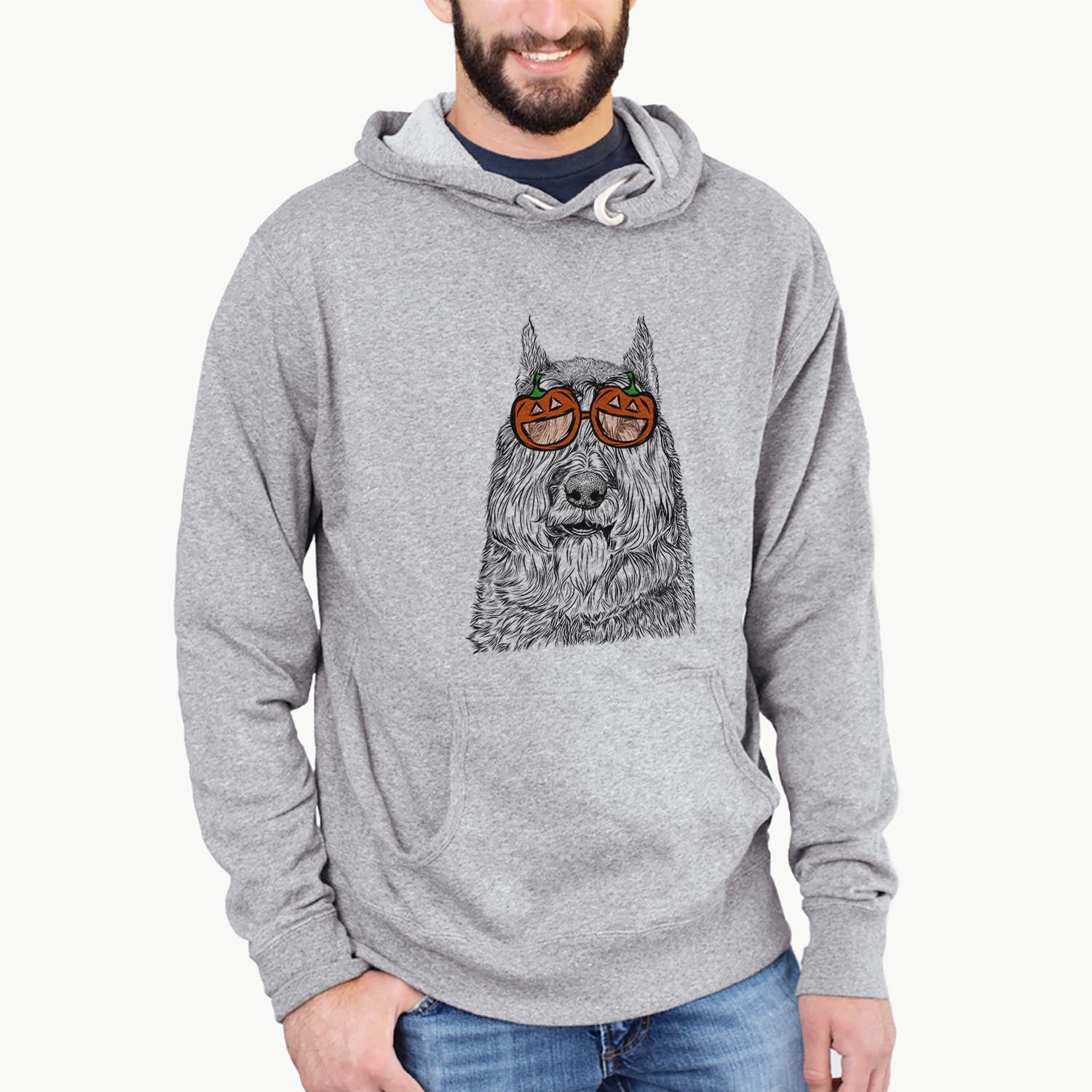 Hand-drawn sketch of Sabre the Bouvier des Flandres wearing pumpkin glasses on a Grey pumpkin collection