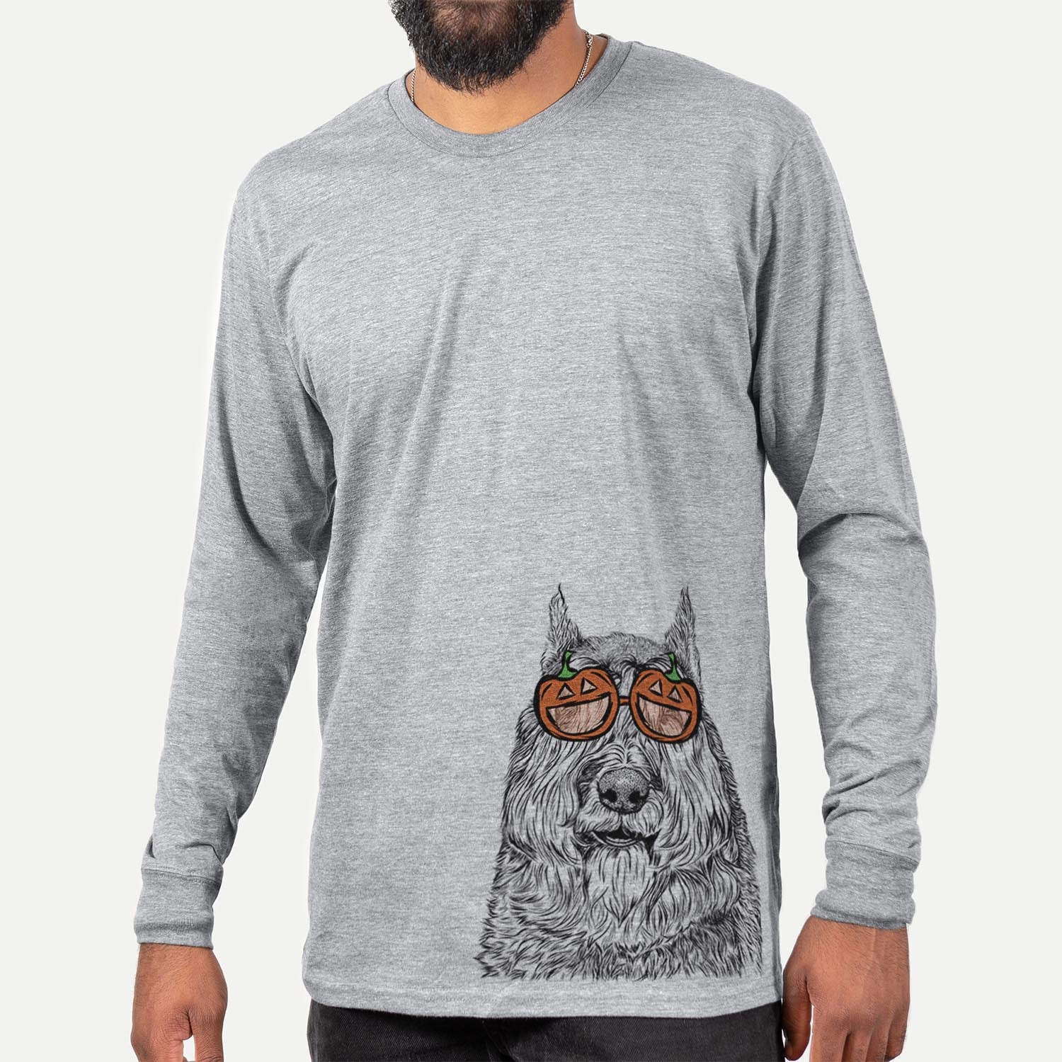 Hand-drawn sketch of Sabre the Bouvier des Flandres wearing pumpkin glasses on a Grey pumpkin collection, hanging on a wall
