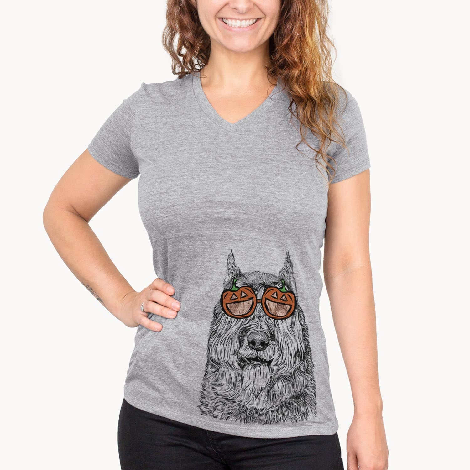Hand-drawn sketch of Sabre the Bouvier des Flandres wearing pumpkin glasses on a Grey pumpkin collection