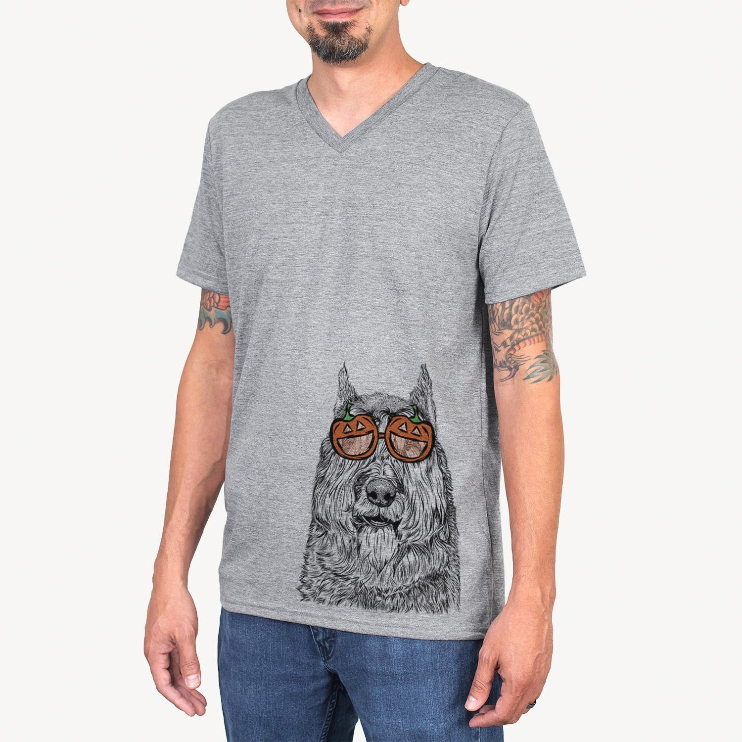 Hand-drawn sketch of Sabre the Bouvier des Flandres wearing pumpkin glasses on a Grey pumpkin collection