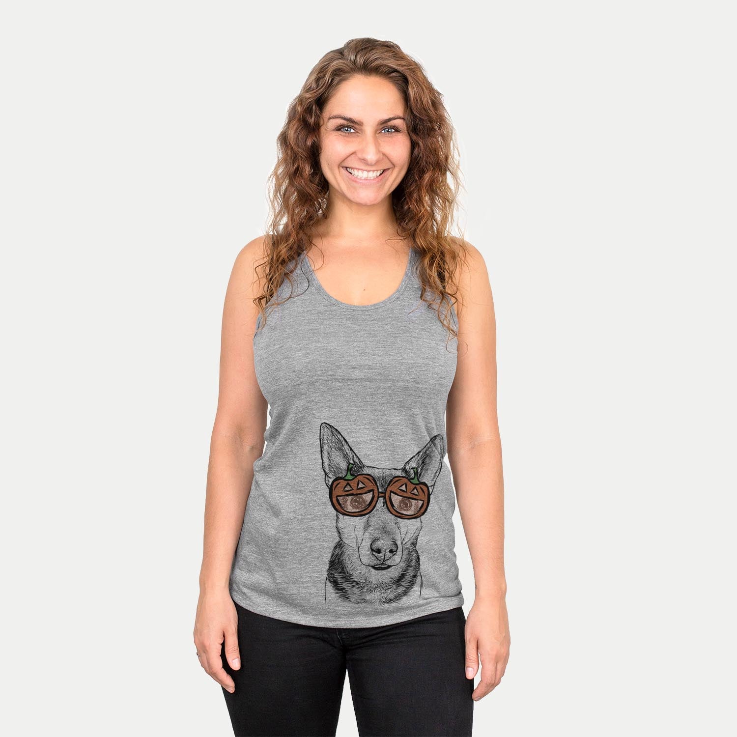 Hand-drawn sketch of Sammie the Mixed Breed wearing pumpkin glasses on a Grey pumpkin collection