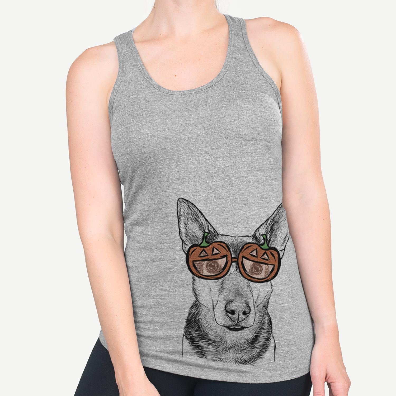 Hand-drawn sketch of Sammie the Mixed Breed wearing pumpkin glasses on a Grey pumpkin collection