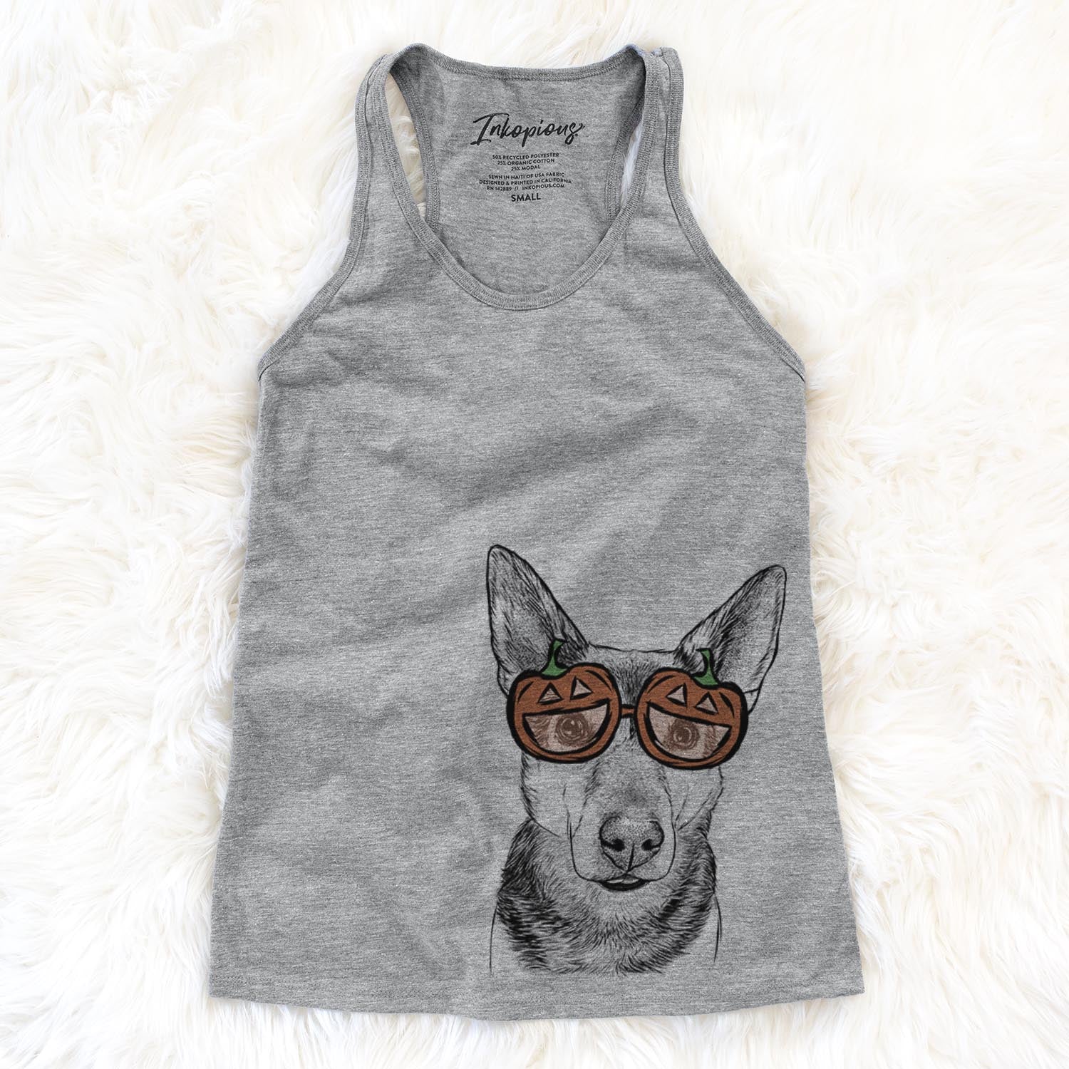 Hand-drawn sketch of Sammie the Mixed Breed wearing pumpkin glasses on a Grey pumpkin collection