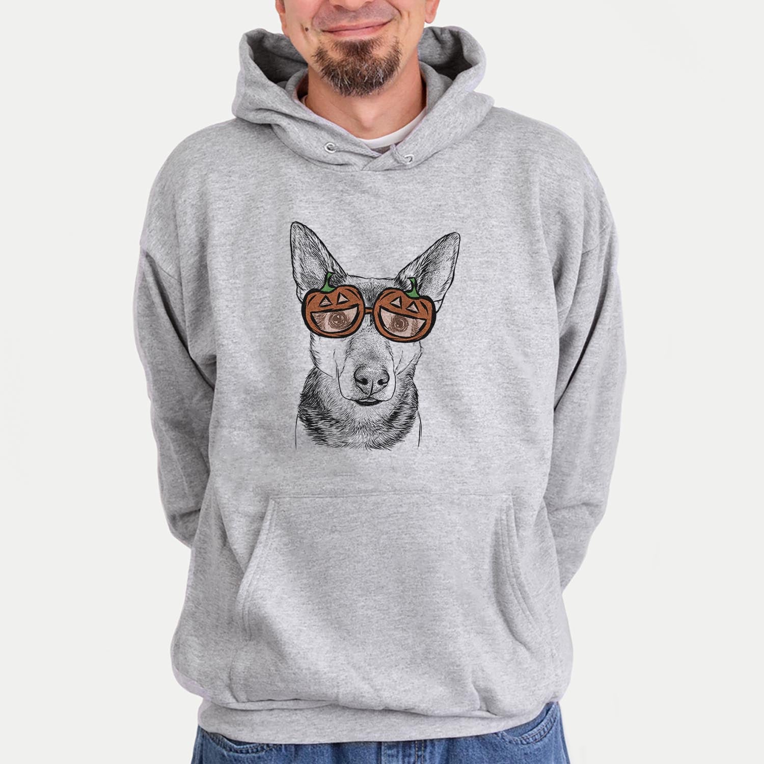 Hand-drawn sketch of Sammie the Mixed Breed wearing pumpkin glasses on a Grey pumpkin collection, hanging on a wall
