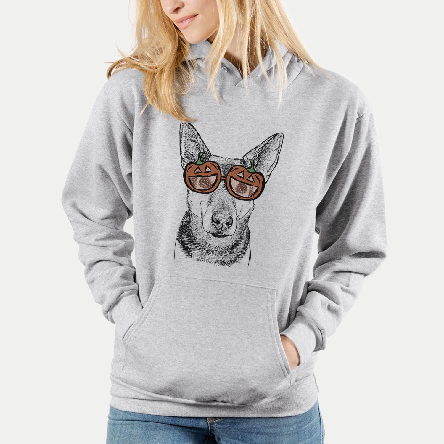 Hand-drawn sketch of Sammie the Mixed Breed wearing pumpkin glasses on a Grey pumpkin collection