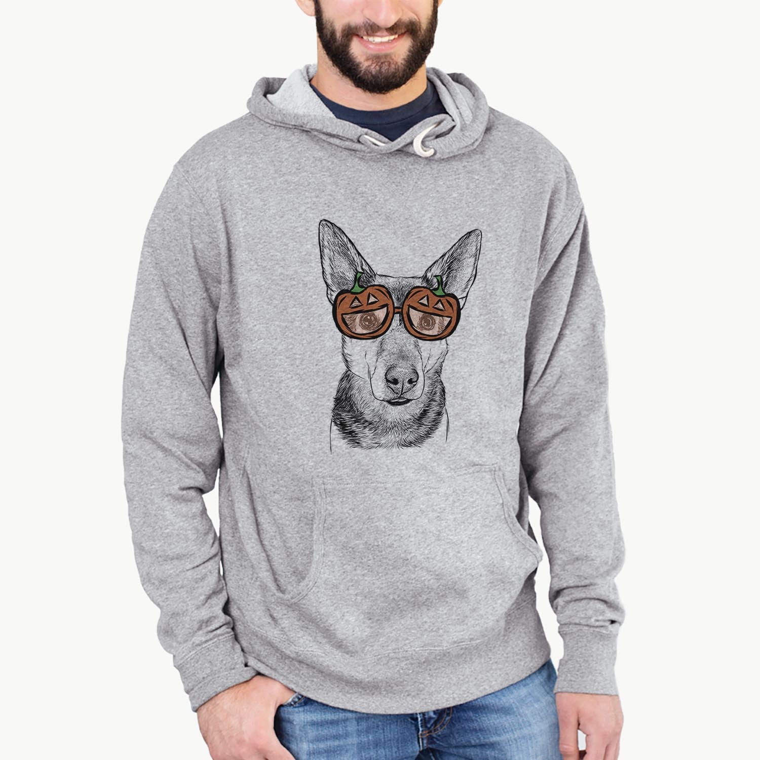 Hand-drawn sketch of Sammie the Mixed Breed wearing pumpkin glasses on a Grey pumpkin collection