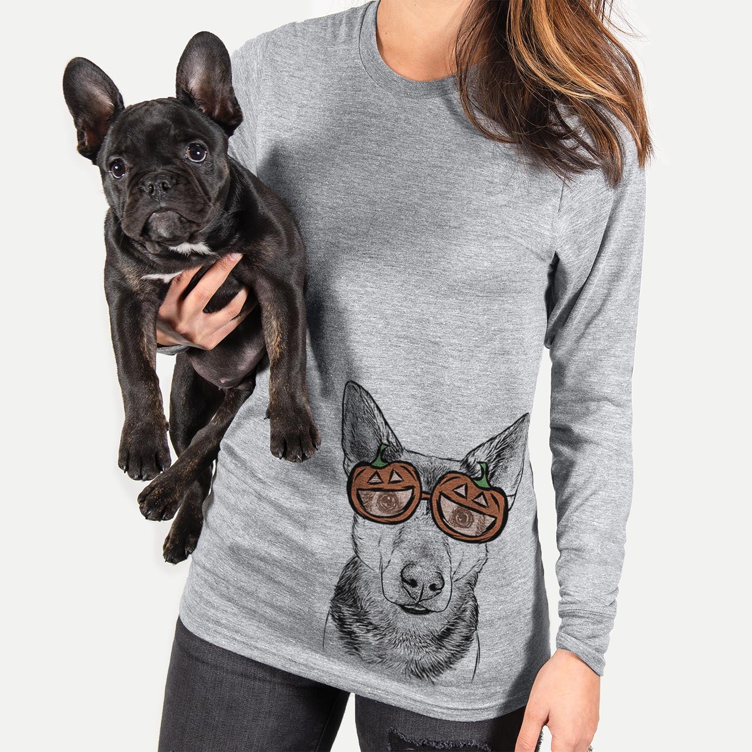 Hand-drawn sketch of Sammie the Mixed Breed wearing pumpkin glasses on a Grey pumpkin collection
