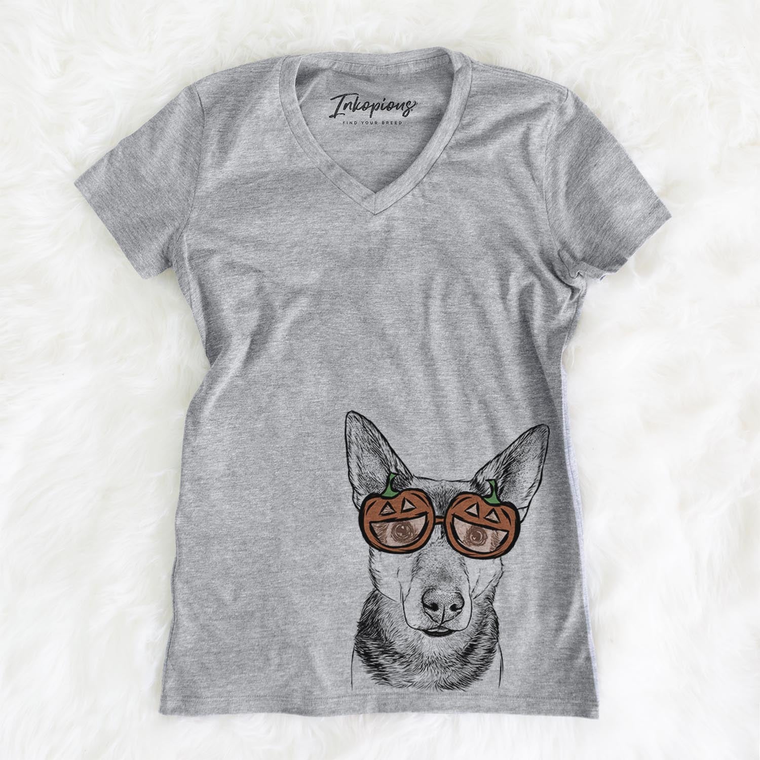 Hand-drawn sketch of Sammie the Mixed Breed wearing pumpkin glasses on a Grey pumpkin collection, on a hanger