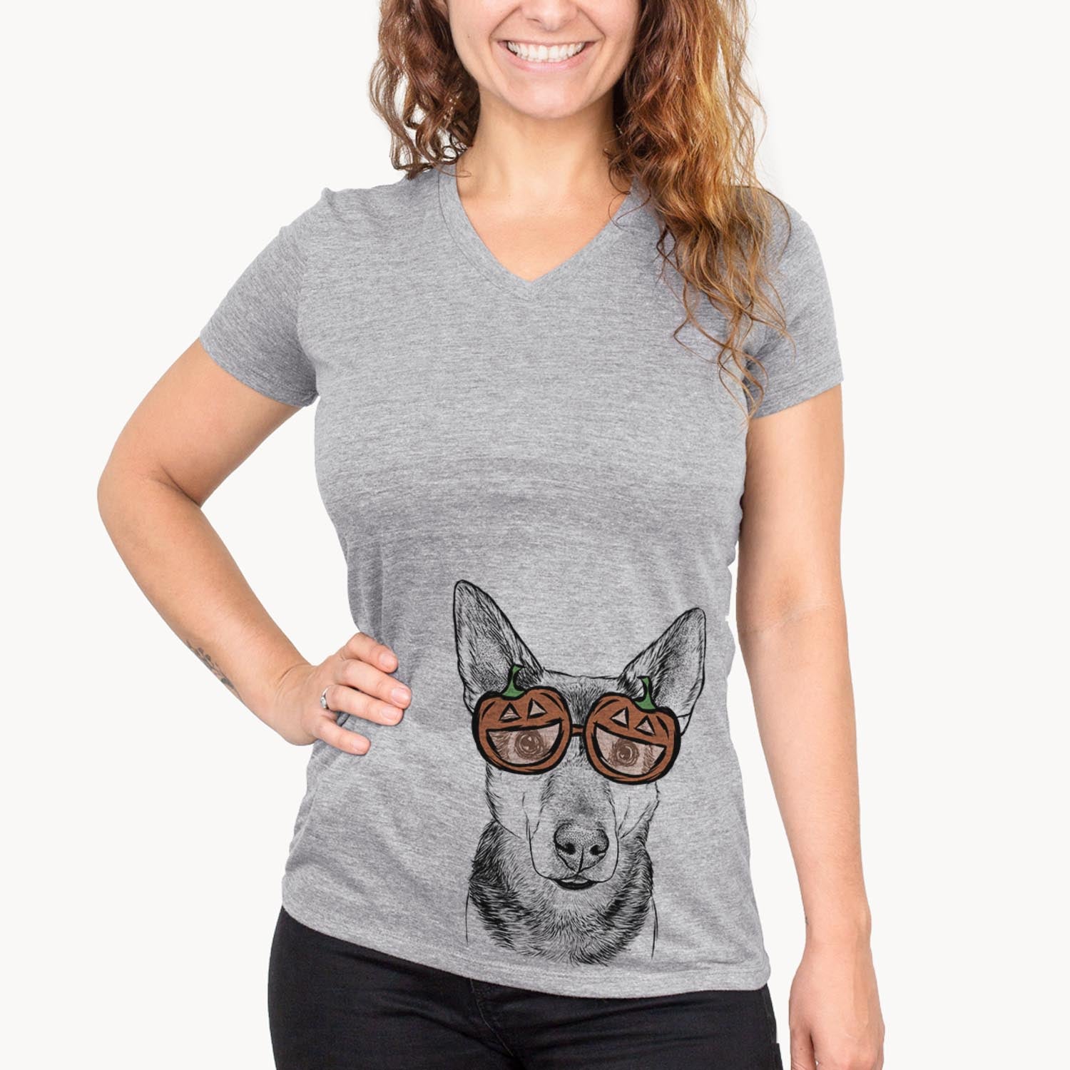 Hand-drawn sketch of Sammie the Mixed Breed wearing pumpkin glasses on a Grey pumpkin collection